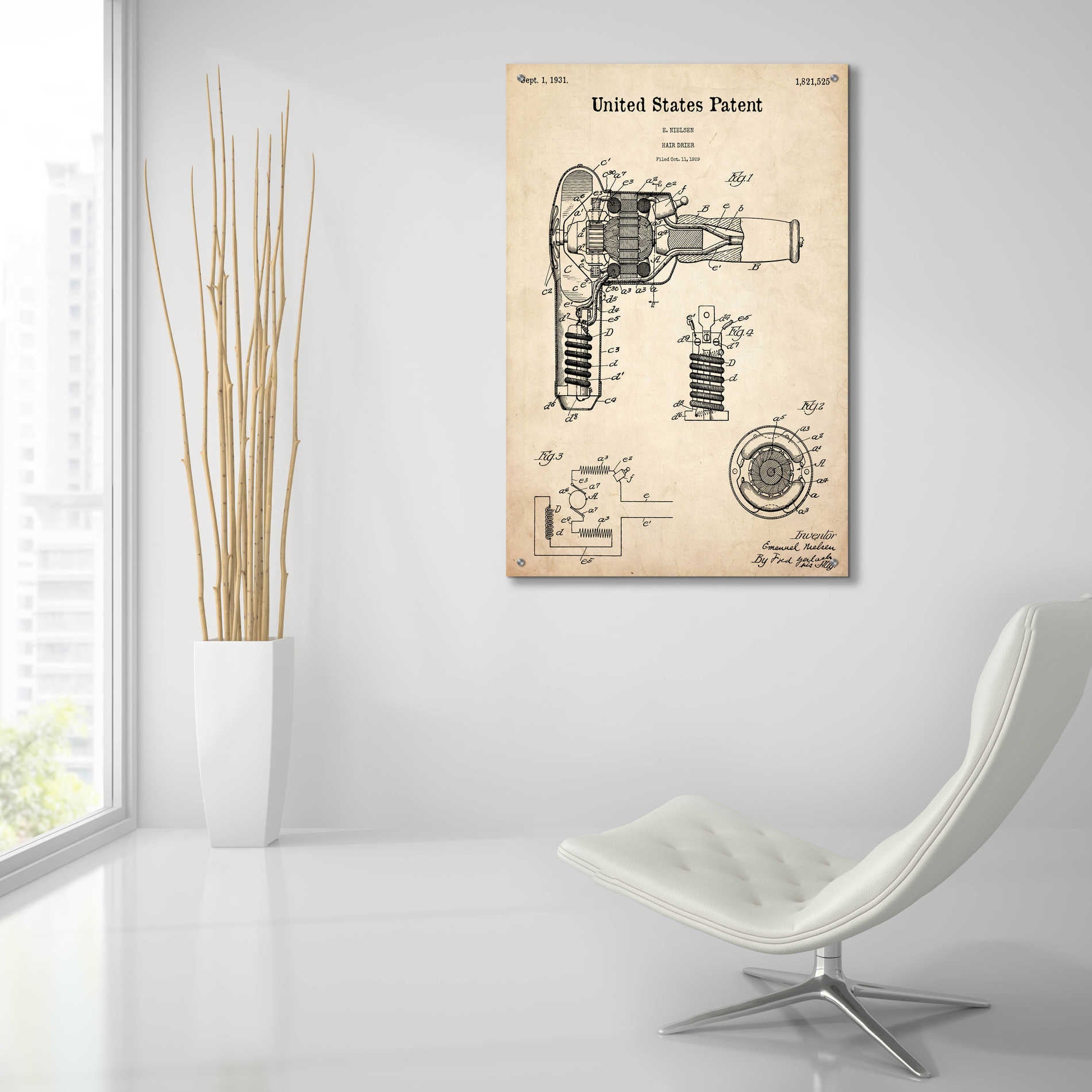 Epic Art 'Hair Dryer Blueprint Patent Parchment,' Acrylic Glass Wall Art,24x36