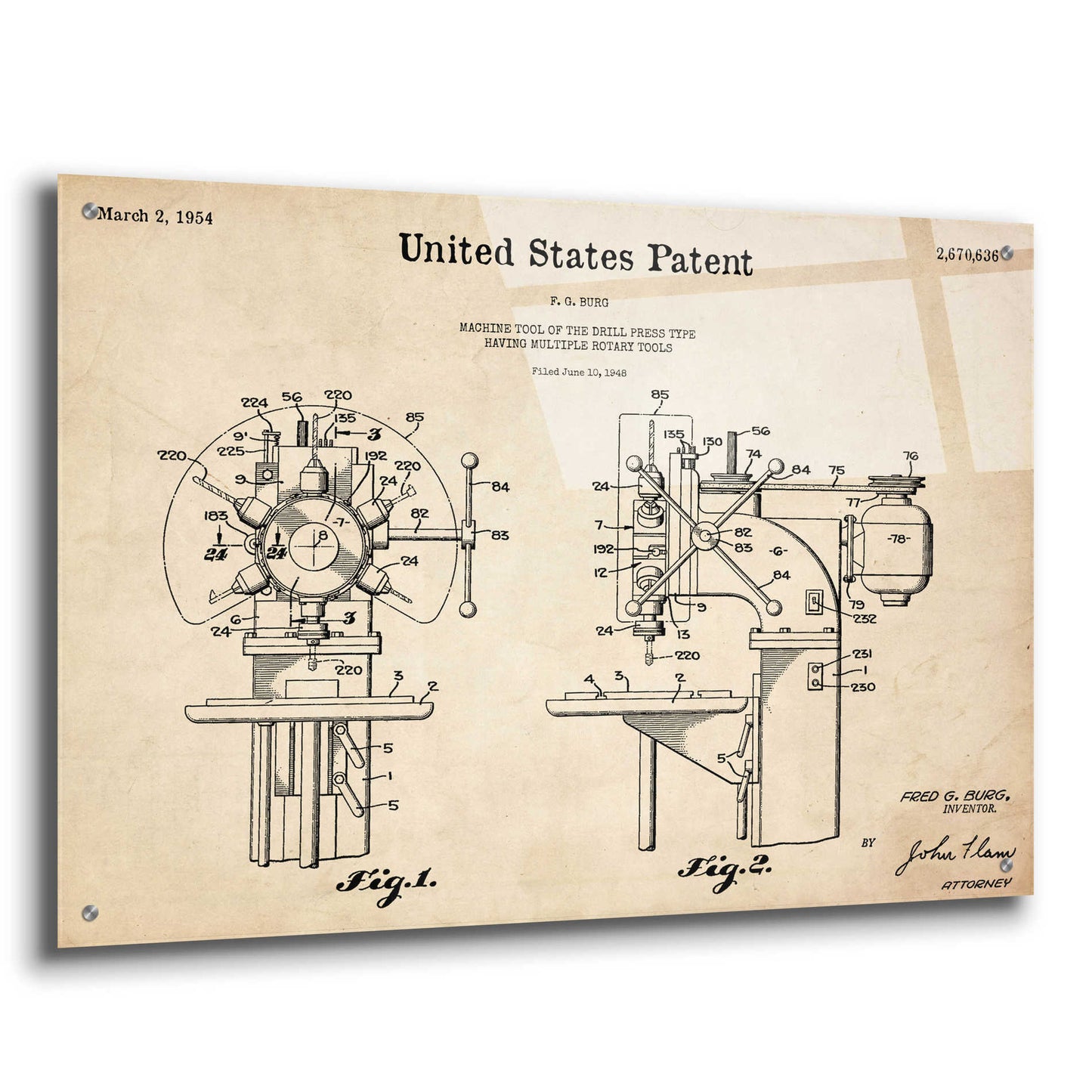 Epic Art 'Drill Press Blueprint Patent Parchment,' Acrylic Glass Wall Art,36x24