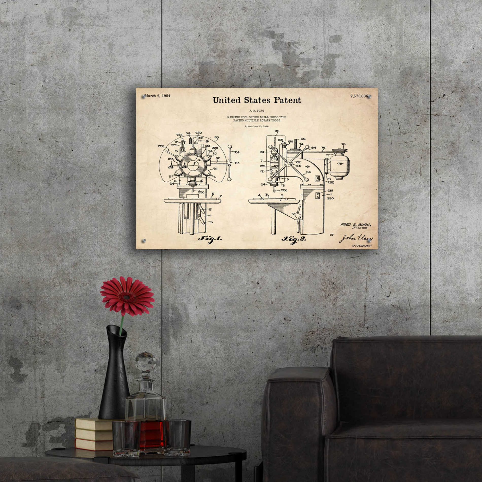 Epic Art 'Drill Press Blueprint Patent Parchment,' Acrylic Glass Wall Art,36x24