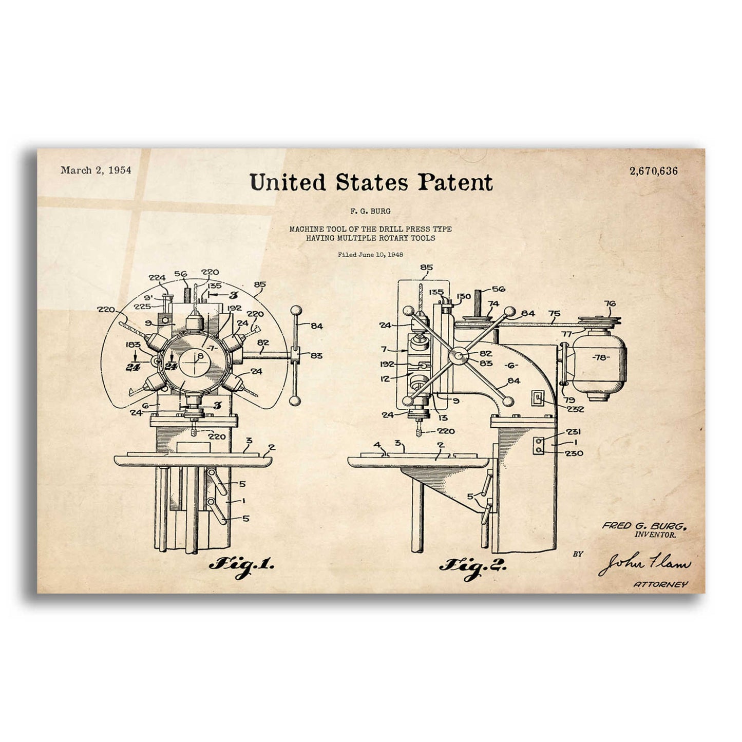 Epic Art 'Drill Press Blueprint Patent Parchment,' Acrylic Glass Wall Art,16x12x1.1x0,26x18x1.1x0,34x26x1.74x0,54x40x1.74x0