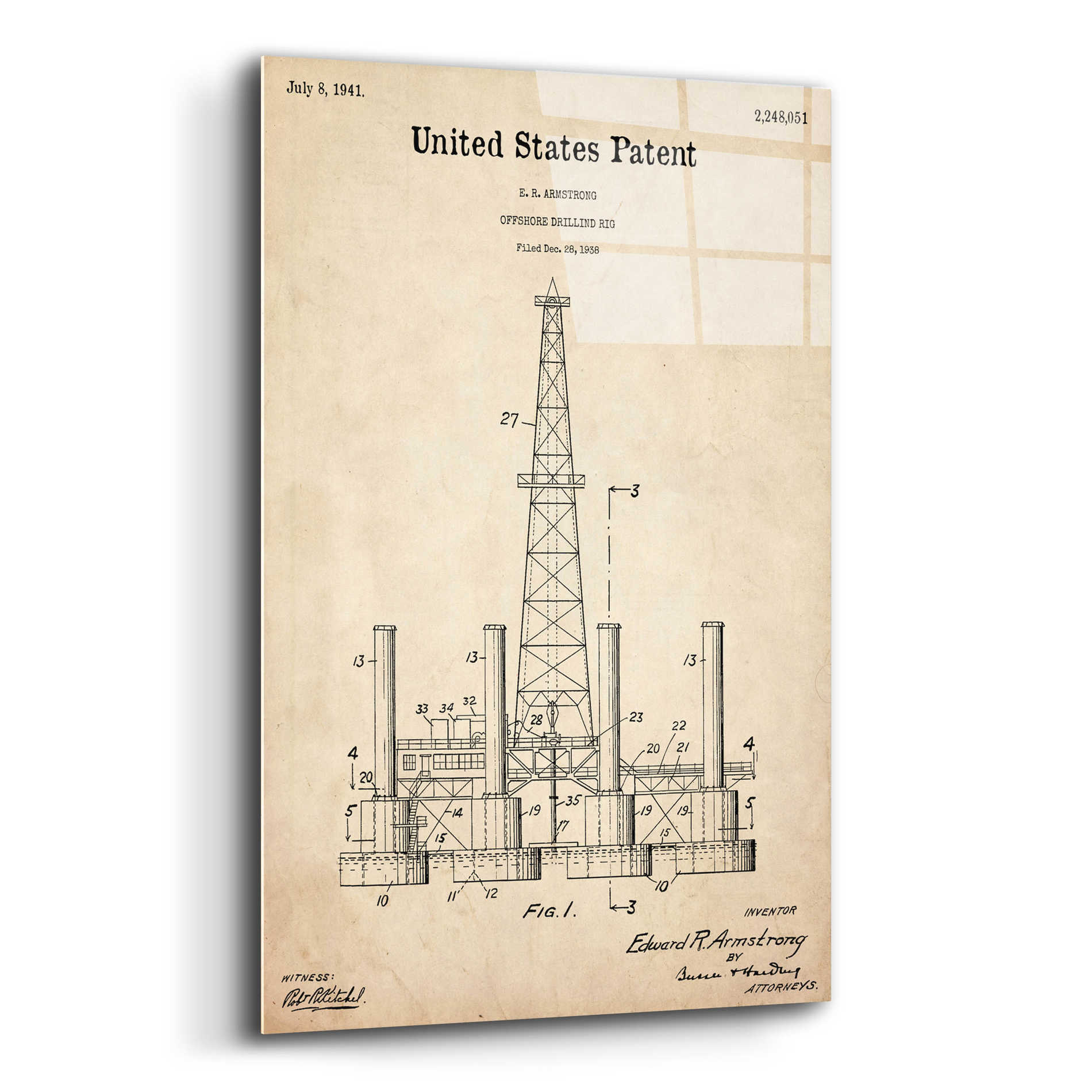 Epic Art 'Drilling Rig Blueprint Patent Parchment,' Acrylic Glass Wall Art,12x16