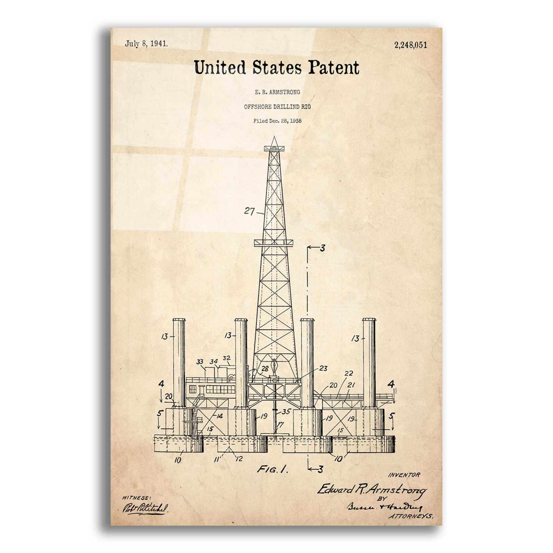 Epic Art 'Drilling Rig Blueprint Patent Parchment,' Acrylic Glass Wall Art,12x16