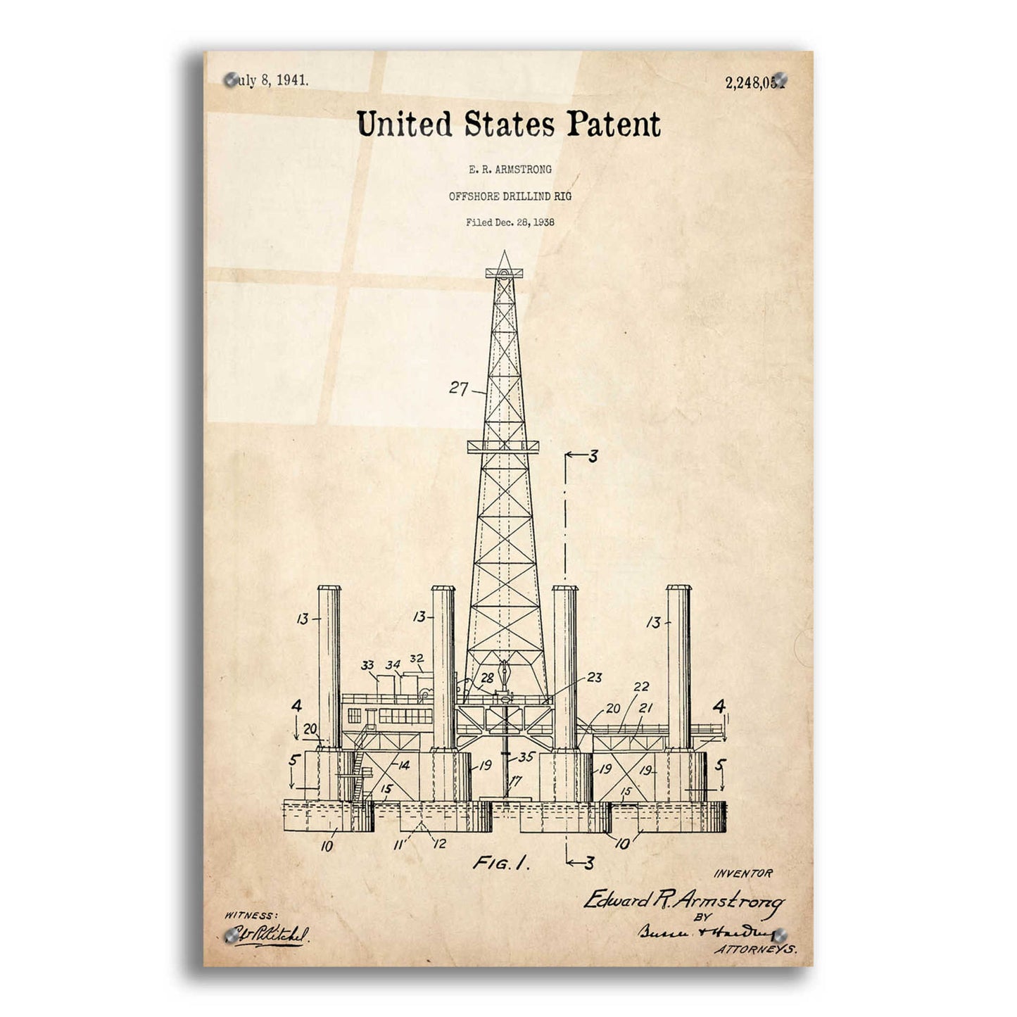 Epic Art 'Drilling Rig Blueprint Patent Parchment,' Acrylic Glass Wall Art,24x36