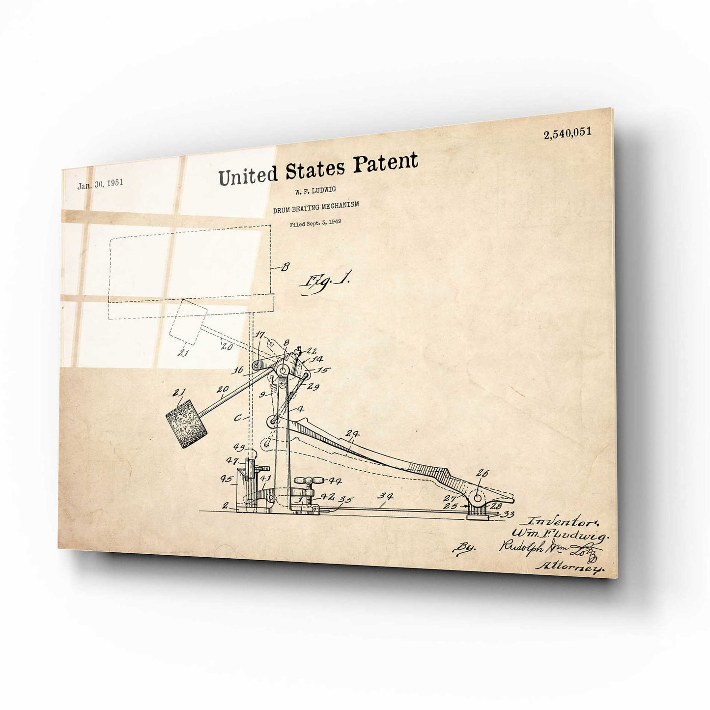 Epic Art 'Drum Beating Mechanism Blueprint Patent Parchment,' Acrylic Glass Wall Art,16x12