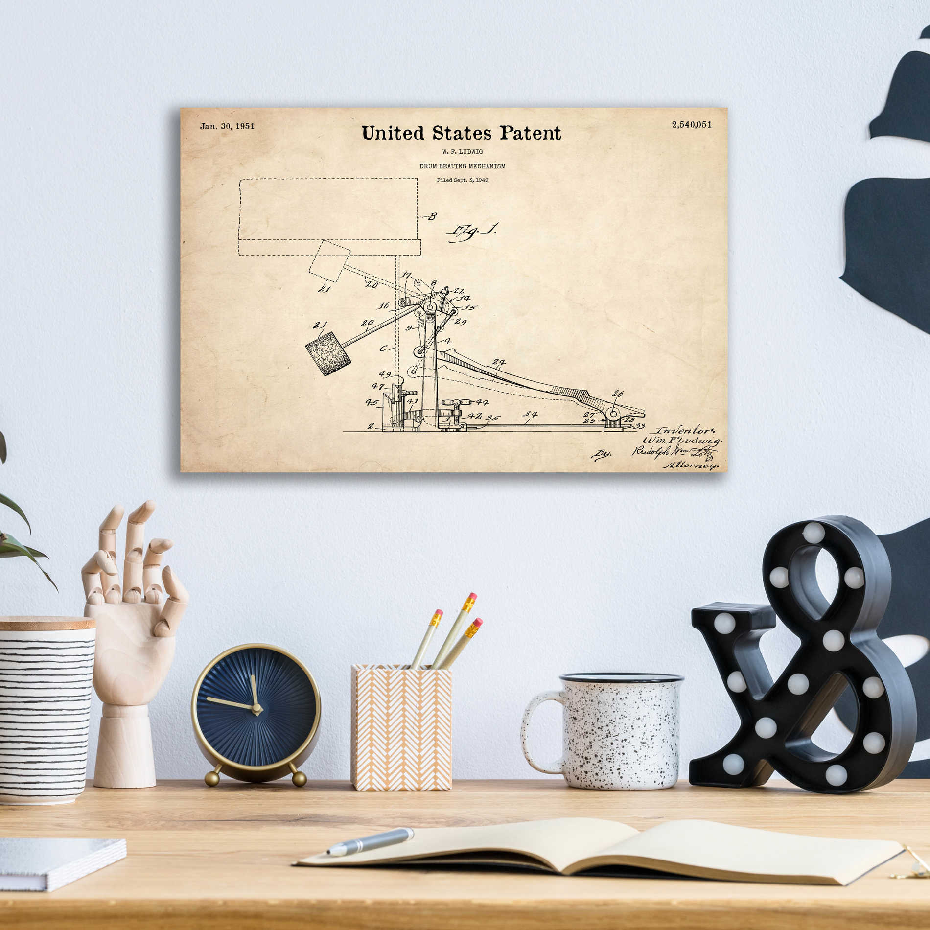 Epic Art 'Drum Beating Mechanism Blueprint Patent Parchment,' Acrylic Glass Wall Art,16x12