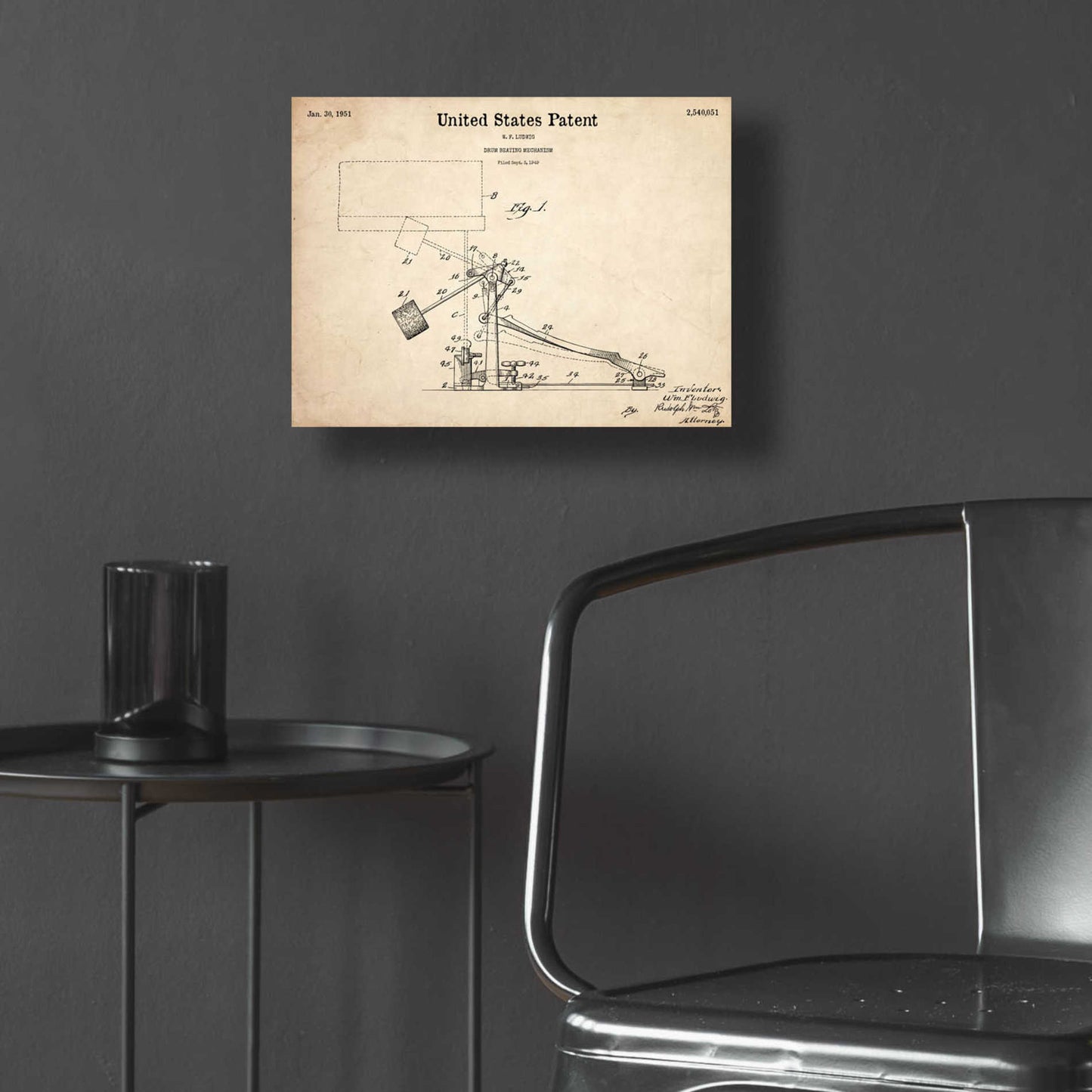 Epic Art 'Drum Beating Mechanism Blueprint Patent Parchment,' Acrylic Glass Wall Art,16x12