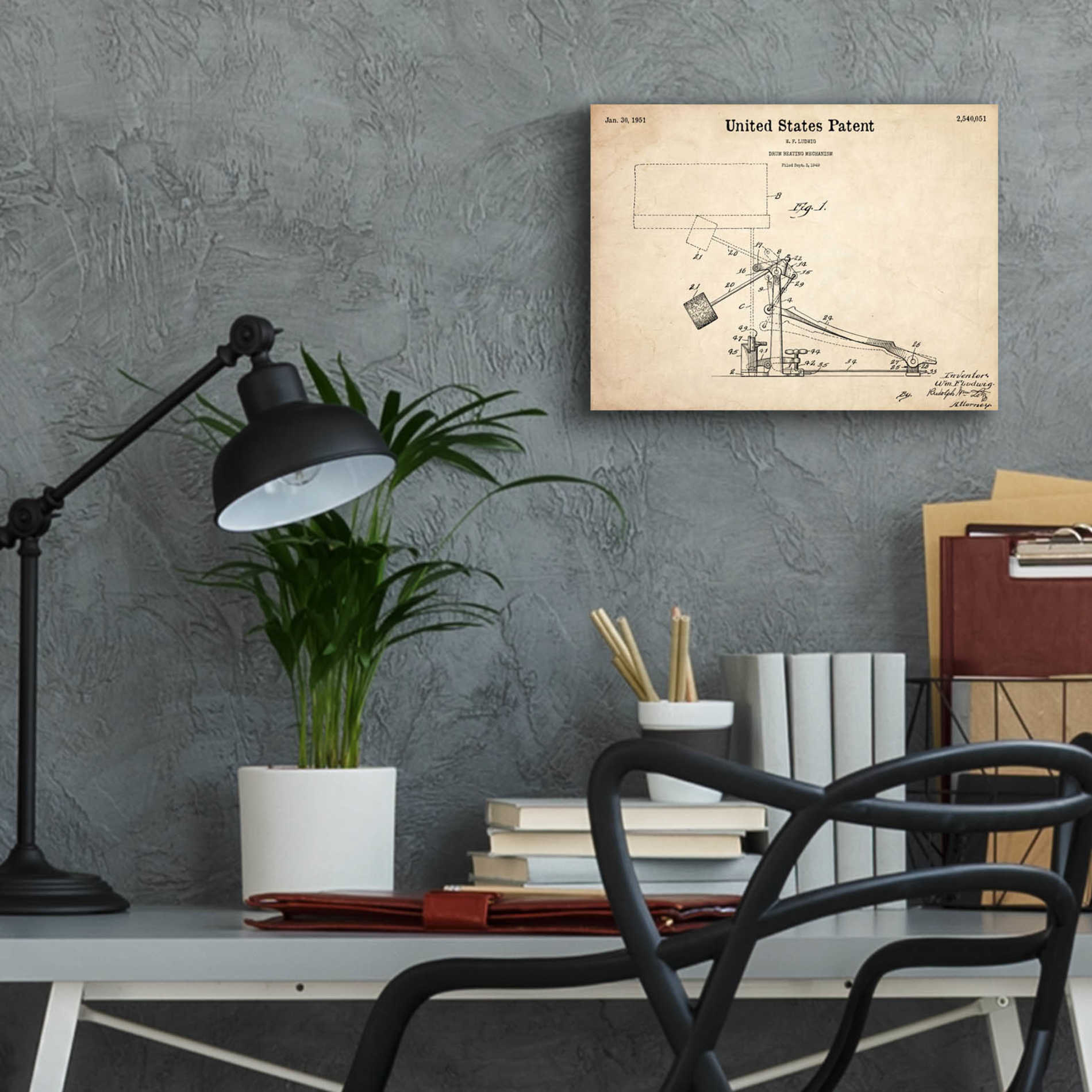 Epic Art 'Drum Beating Mechanism Blueprint Patent Parchment,' Acrylic Glass Wall Art,16x12