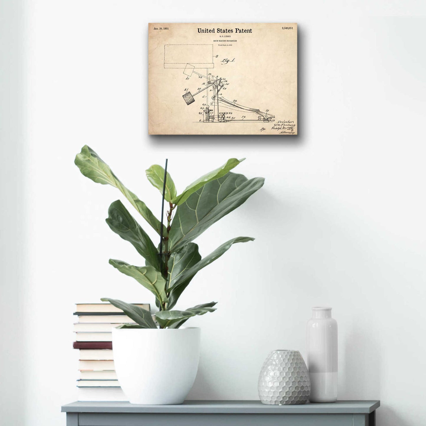 Epic Art 'Drum Beating Mechanism Blueprint Patent Parchment,' Acrylic Glass Wall Art,16x12