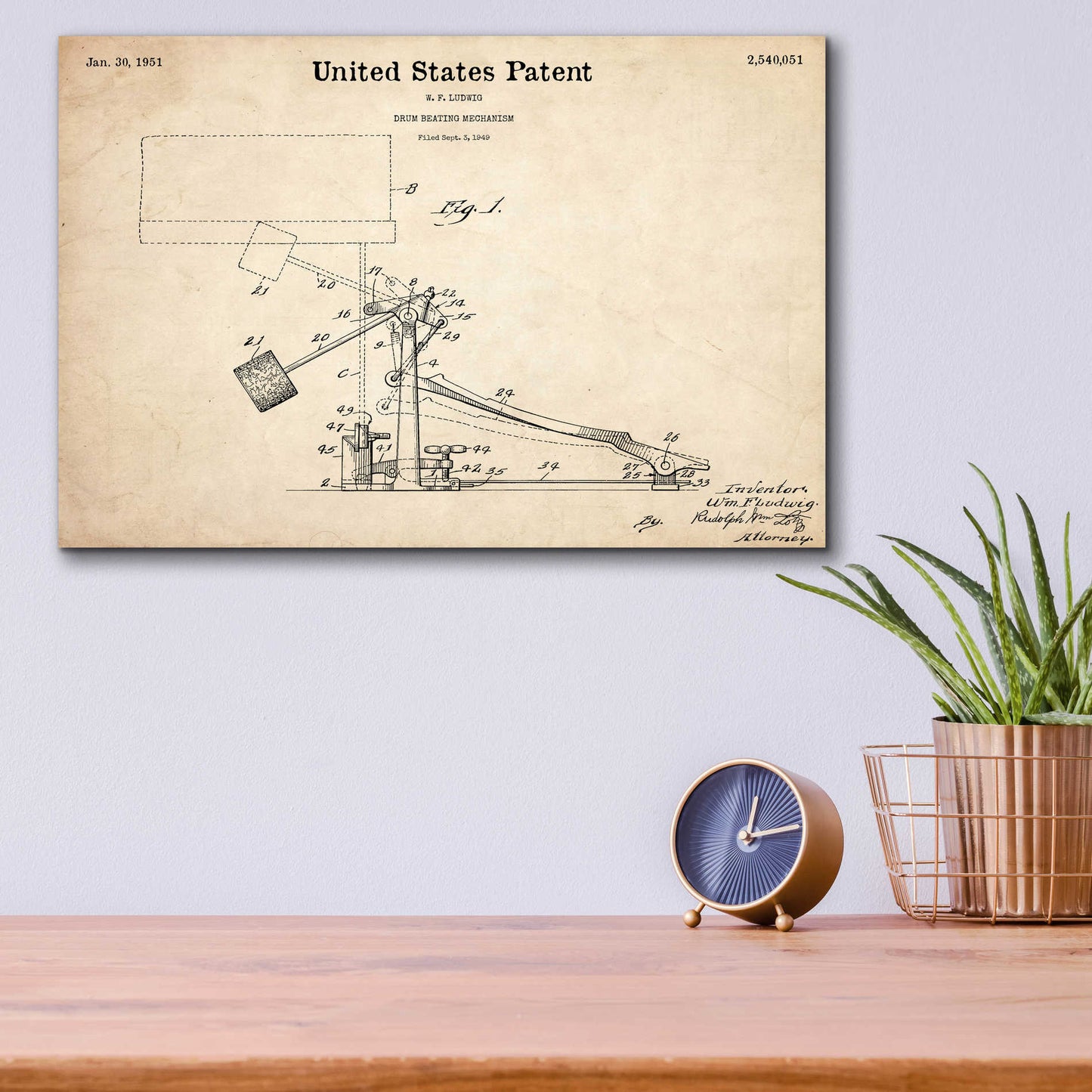 Epic Art 'Drum Beating Mechanism Blueprint Patent Parchment,' Acrylic Glass Wall Art,16x12