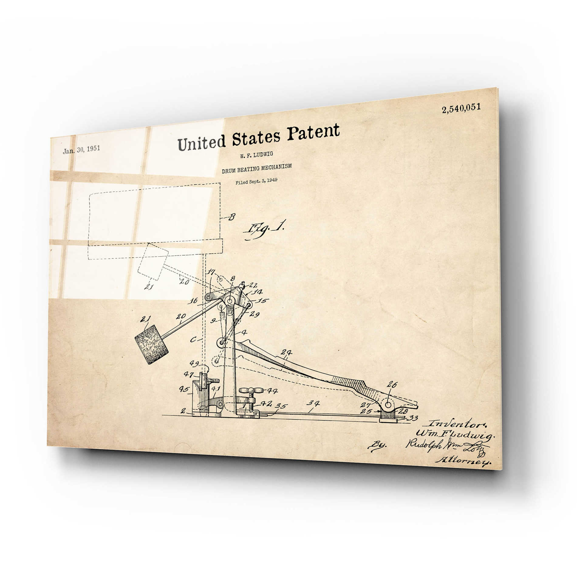 Epic Art 'Drum Beating Mechanism Blueprint Patent Parchment,' Acrylic Glass Wall Art,24x16