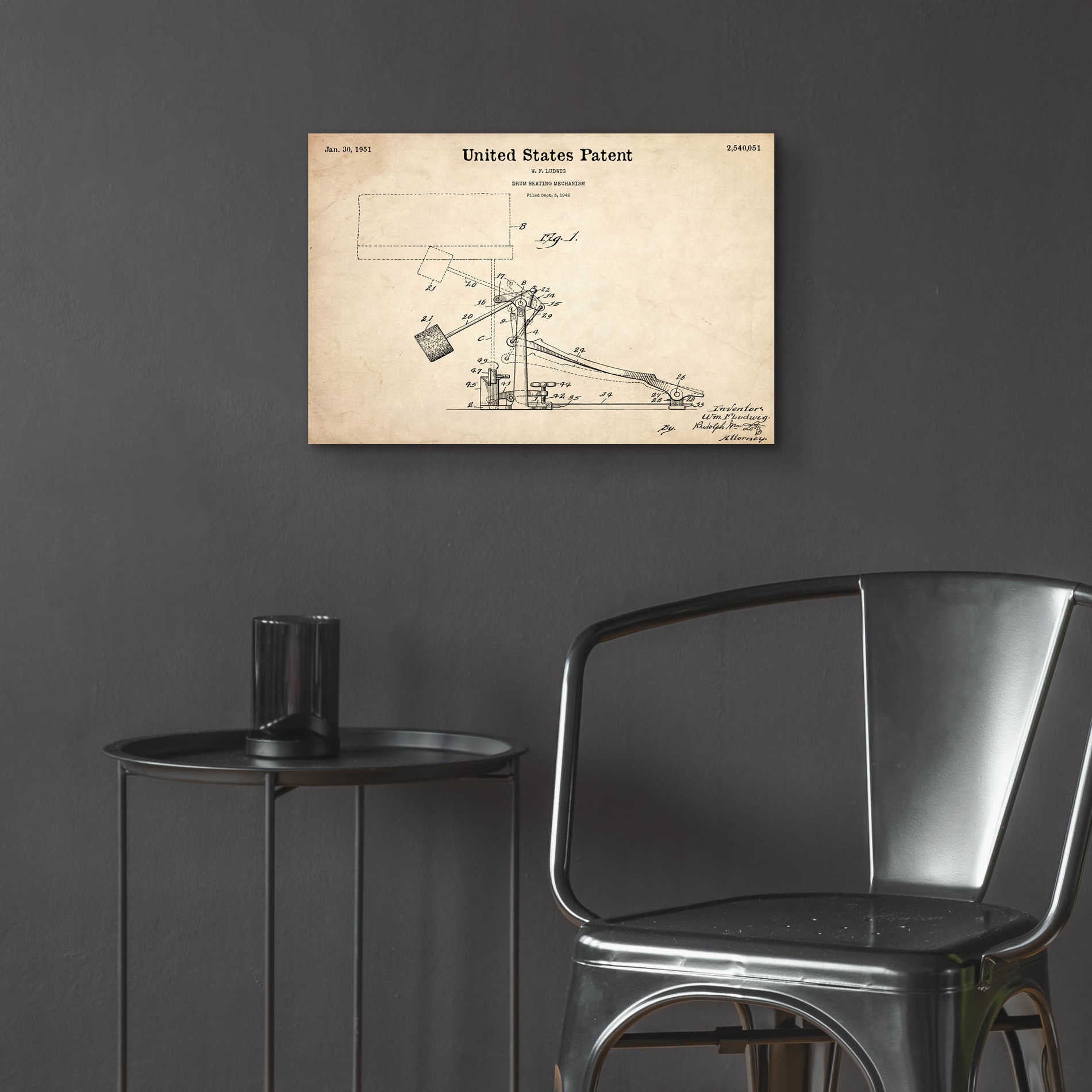 Epic Art 'Drum Beating Mechanism Blueprint Patent Parchment,' Acrylic Glass Wall Art,24x16