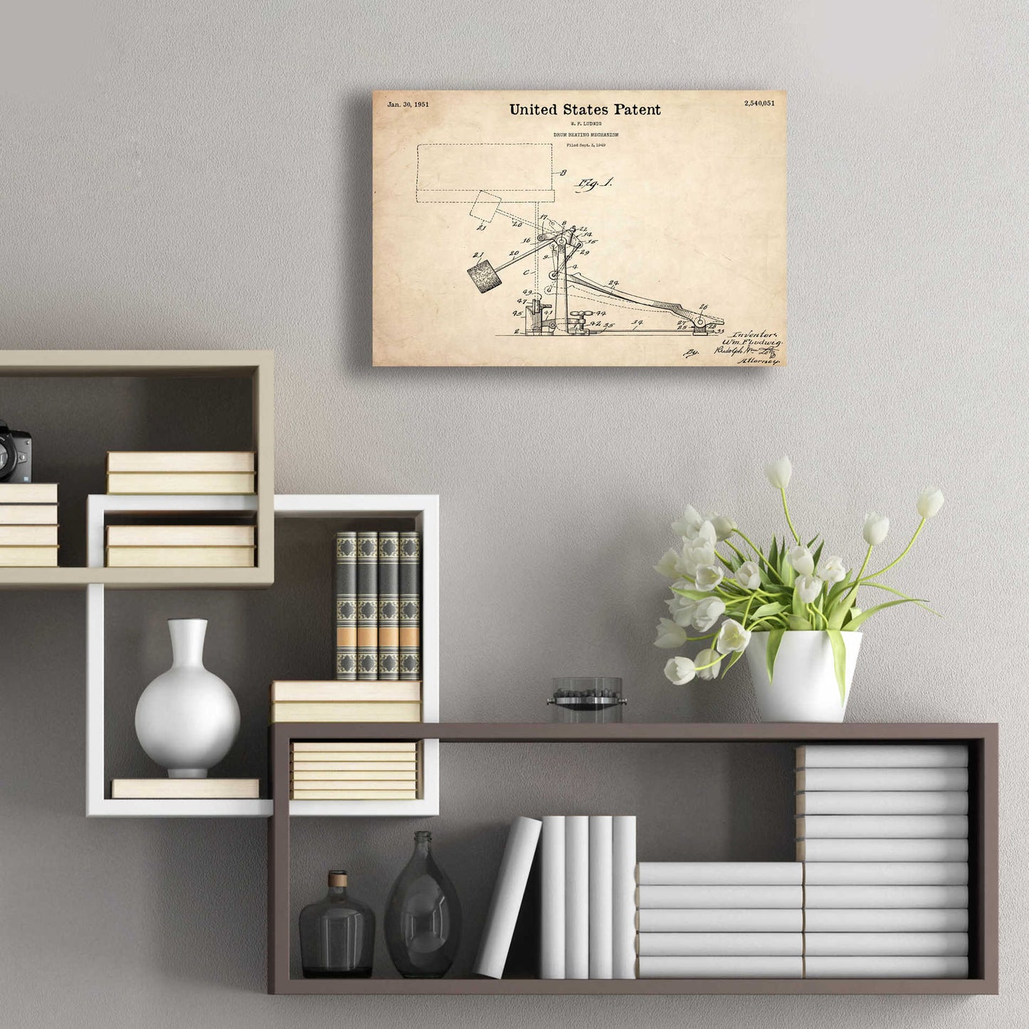 Epic Art 'Drum Beating Mechanism Blueprint Patent Parchment,' Acrylic Glass Wall Art,24x16