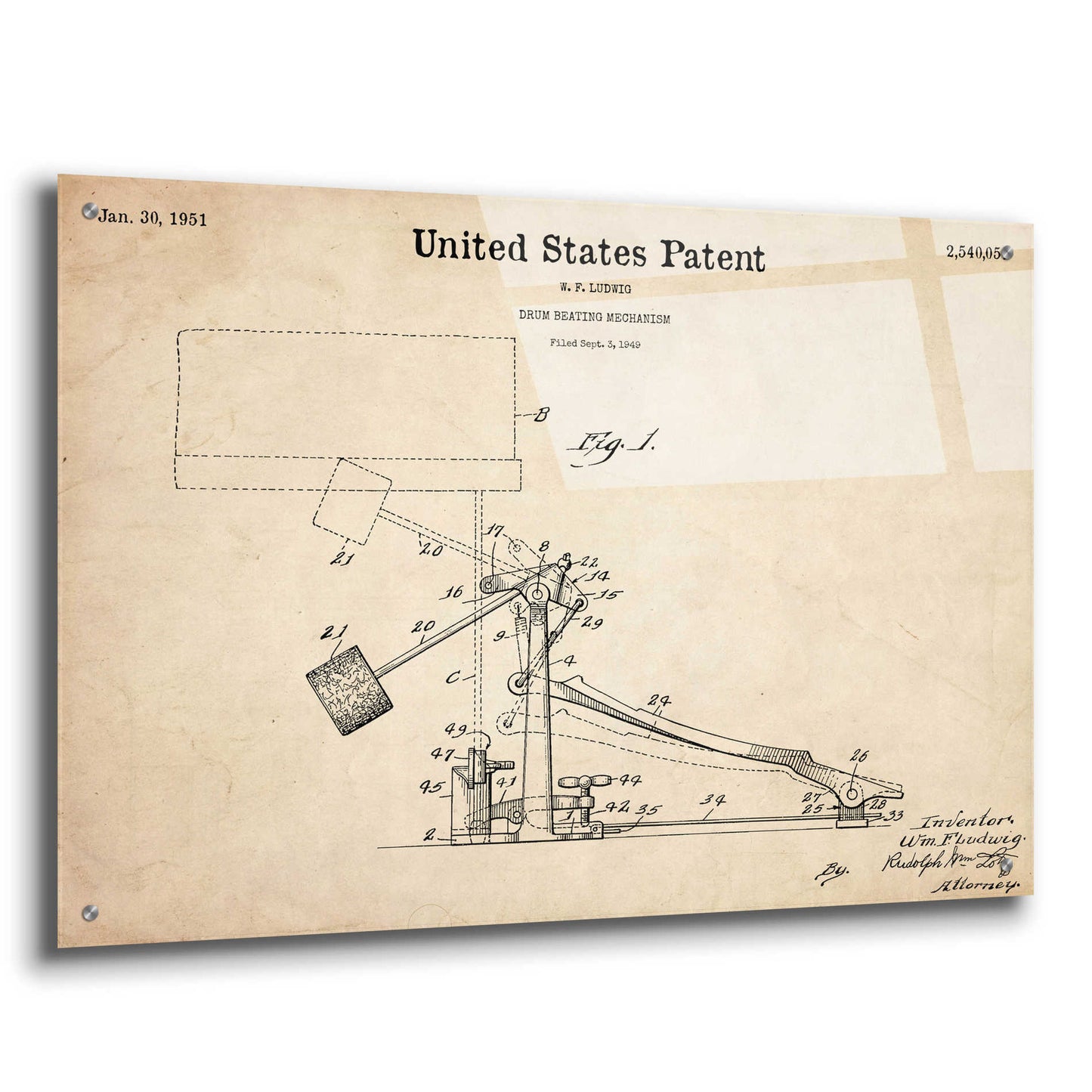 Epic Art 'Drum Beating Mechanism Blueprint Patent Parchment,' Acrylic Glass Wall Art,36x24