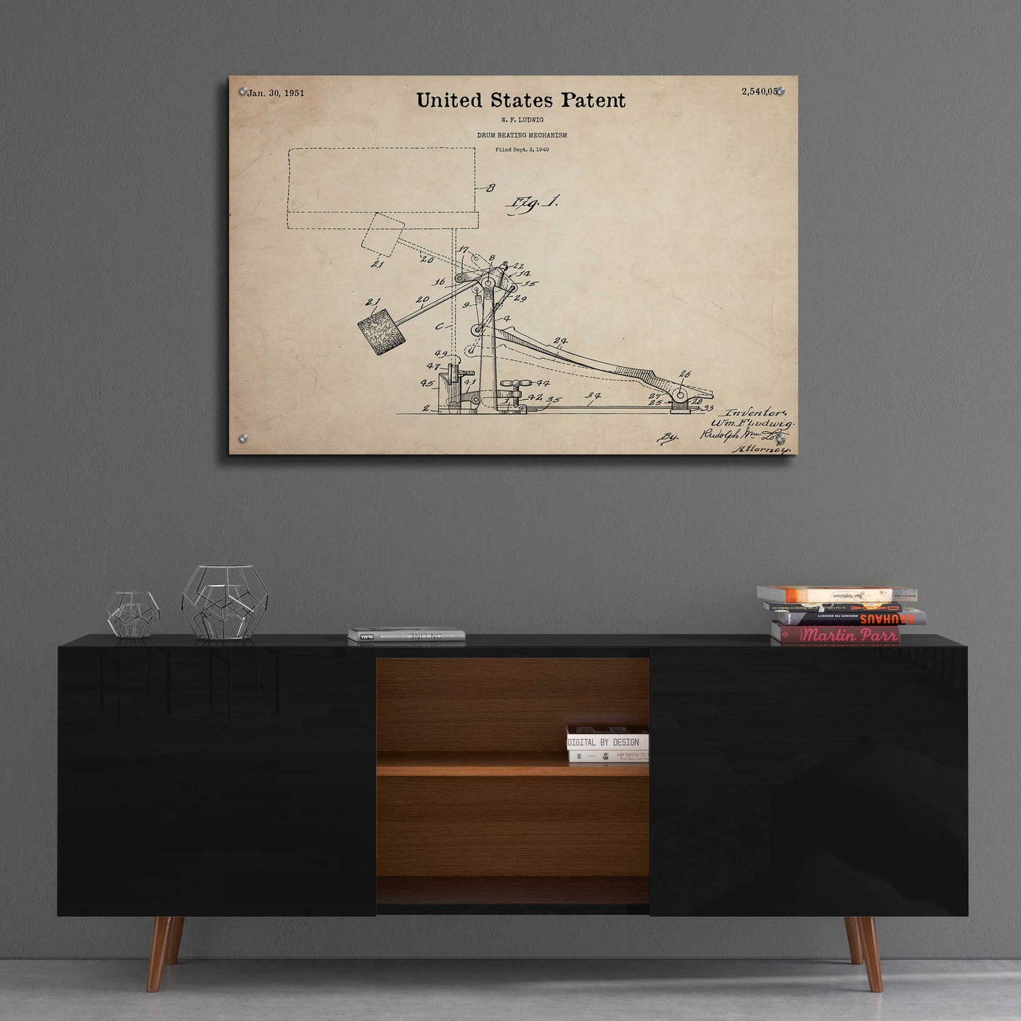 Epic Art 'Drum Beating Mechanism Blueprint Patent Parchment,' Acrylic Glass Wall Art,36x24