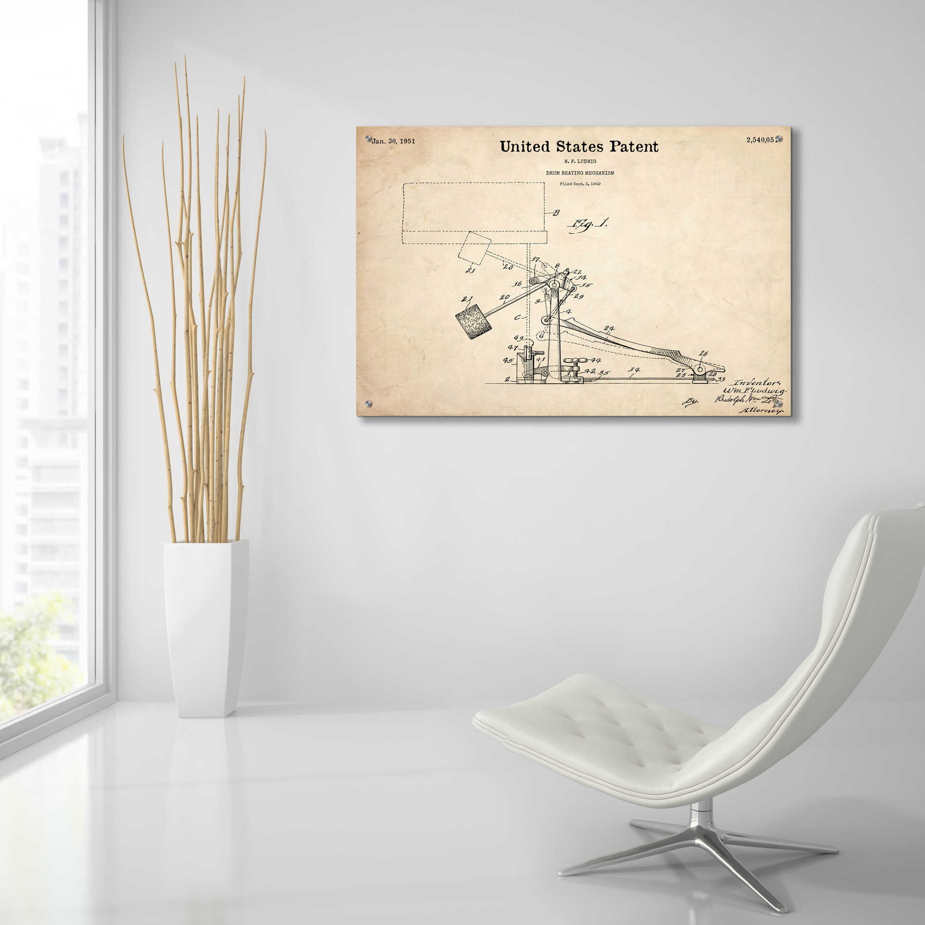 Epic Art 'Drum Beating Mechanism Blueprint Patent Parchment,' Acrylic Glass Wall Art,36x24