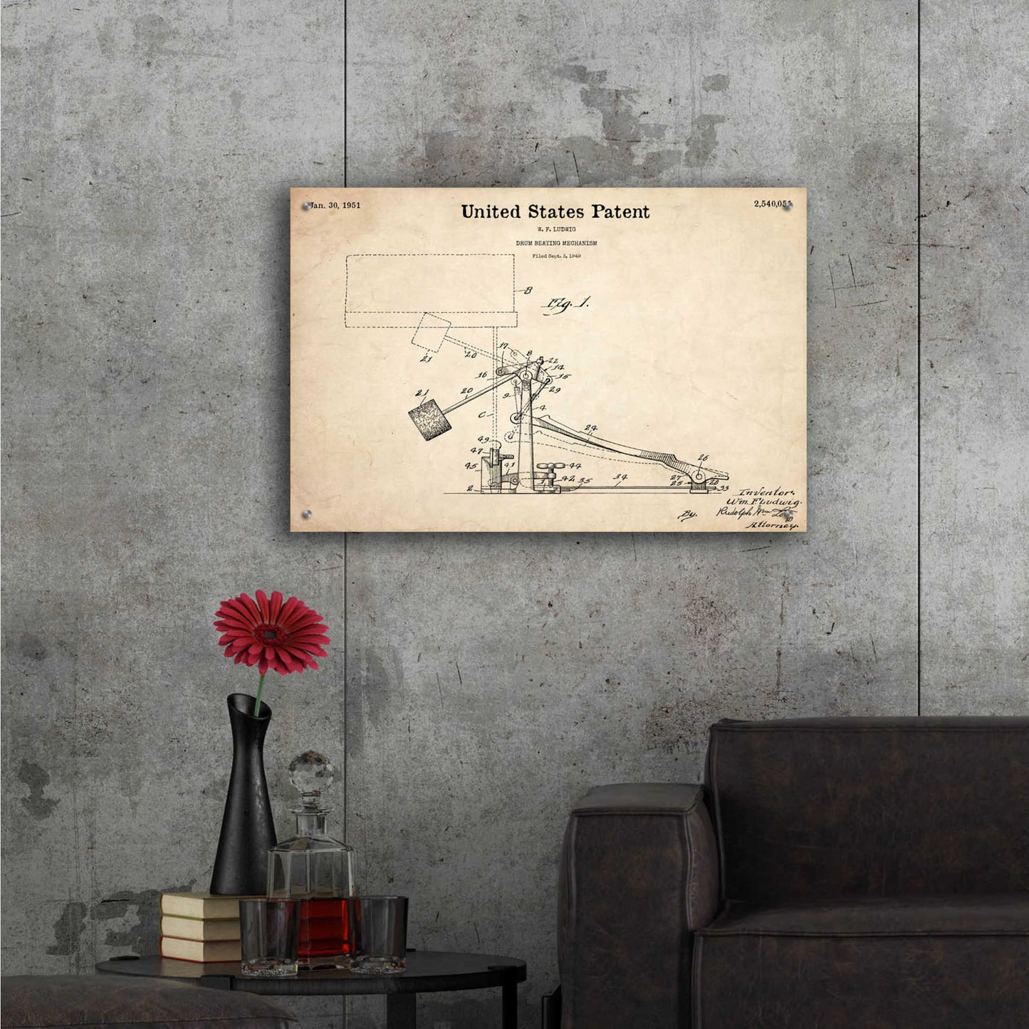 Epic Art 'Drum Beating Mechanism Blueprint Patent Parchment,' Acrylic Glass Wall Art,36x24