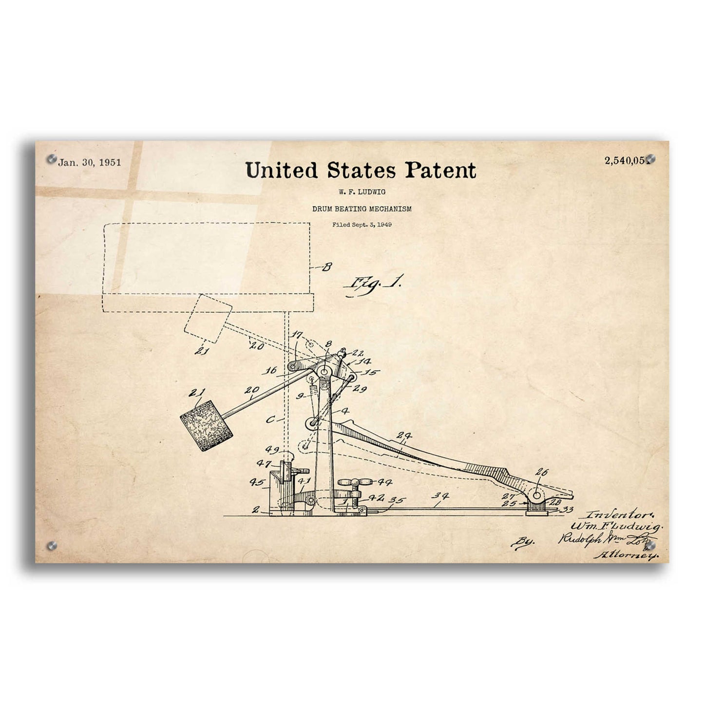 Epic Art 'Drum Beating Mechanism Blueprint Patent Parchment,' Acrylic Glass Wall Art,36x24