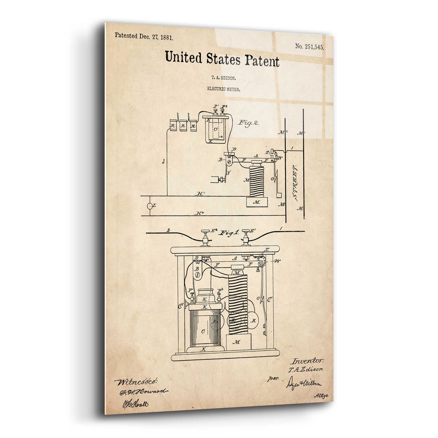 Epic Art 'Edison Electric Meter Blueprint Patent Parchment,' Acrylic Glass Wall Art,12x16