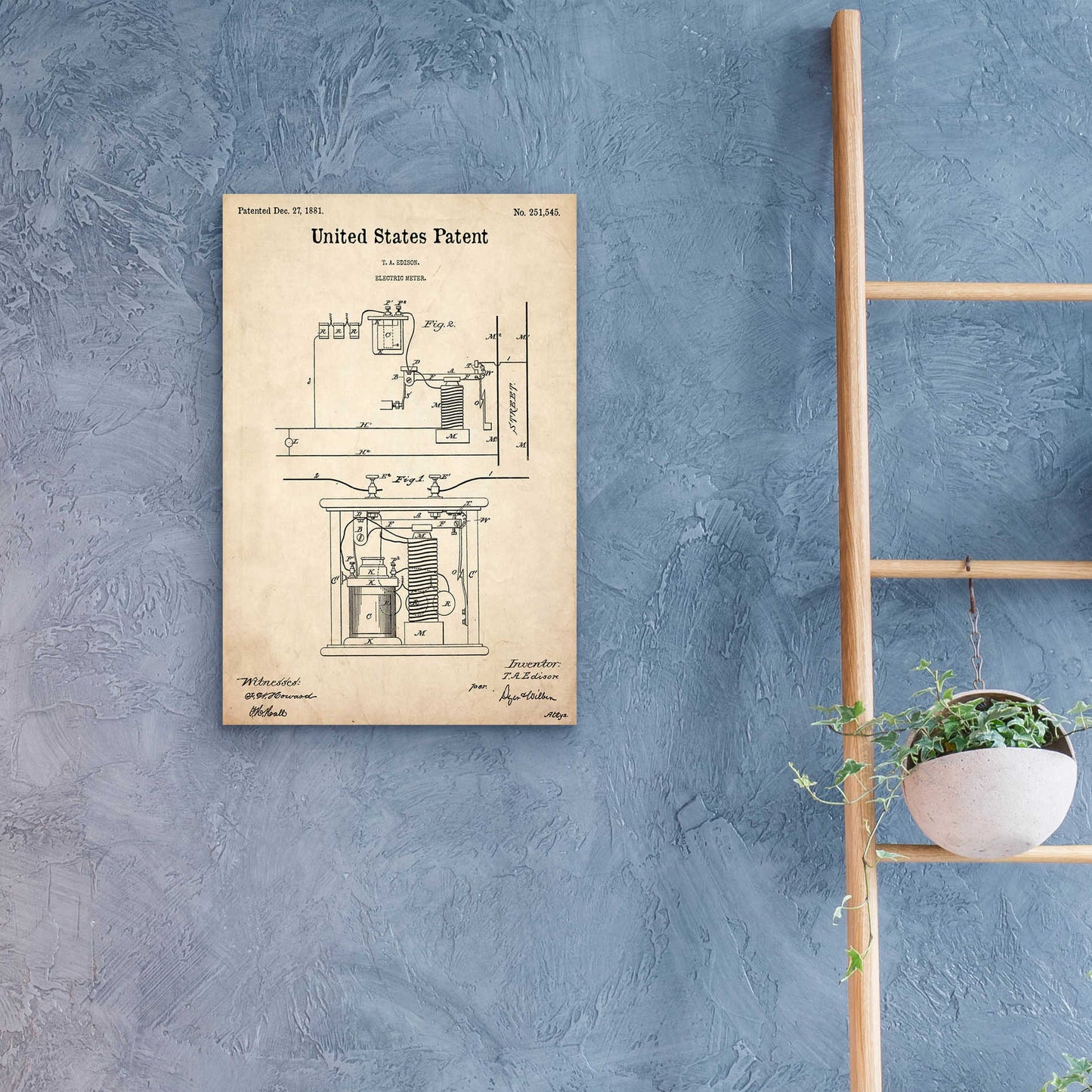 Epic Art 'Edison Electric Meter Blueprint Patent Parchment,' Acrylic Glass Wall Art,16x24