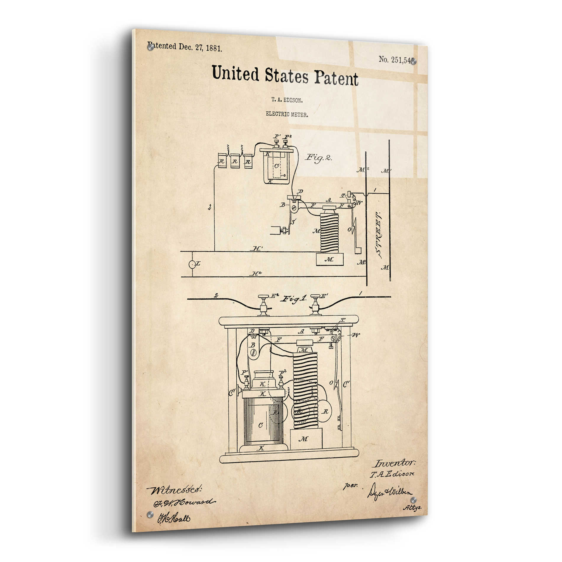 Epic Art 'Edison Electric Meter Blueprint Patent Parchment,' Acrylic Glass Wall Art,24x36