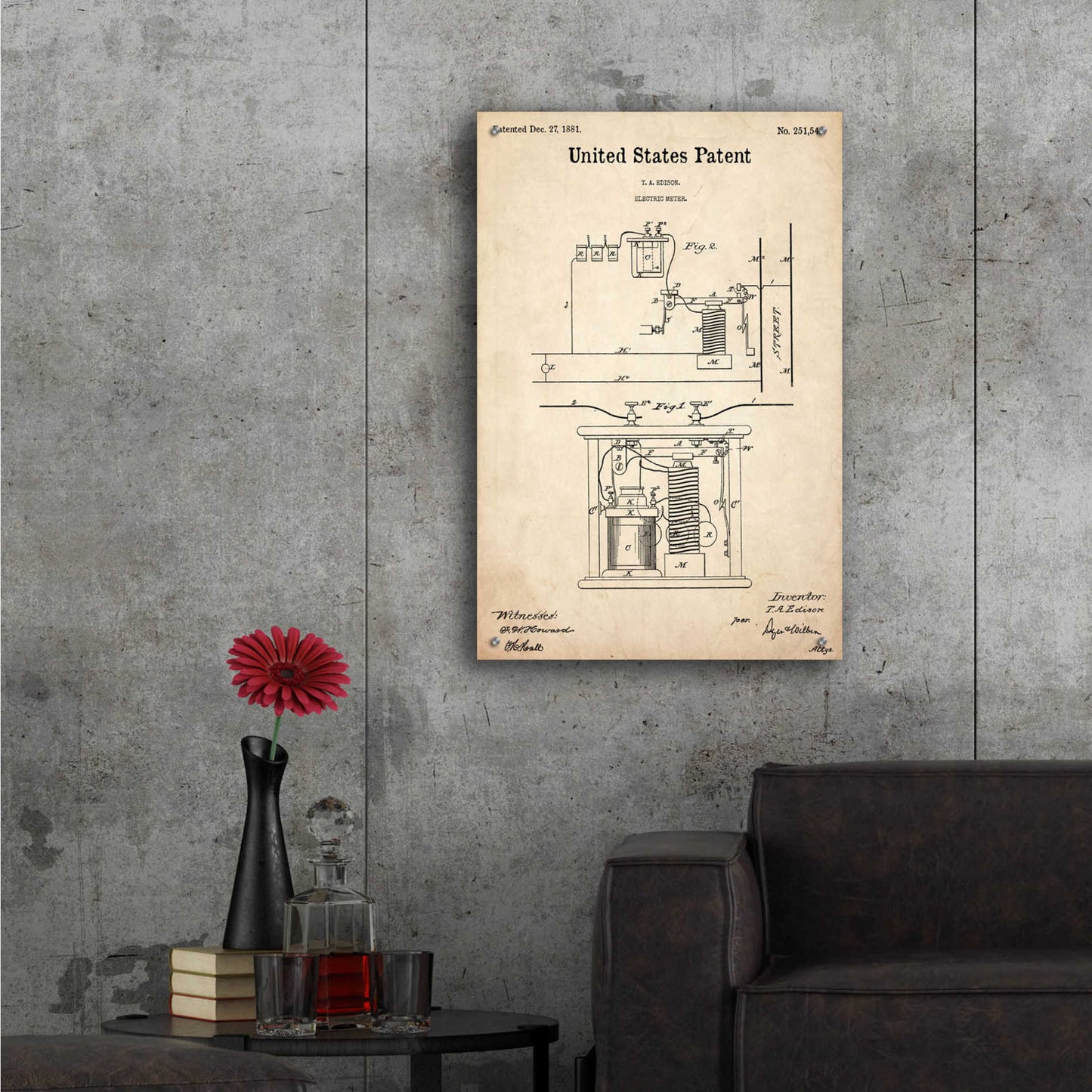 Epic Art 'Edison Electric Meter Blueprint Patent Parchment,' Acrylic Glass Wall Art,24x36