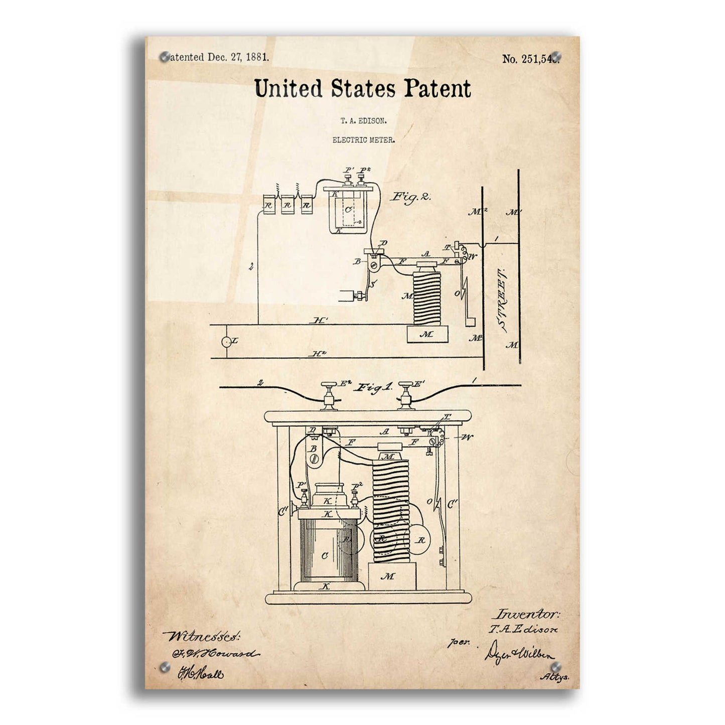 Epic Art 'Edison Electric Meter Blueprint Patent Parchment,' Acrylic Glass Wall Art,24x36