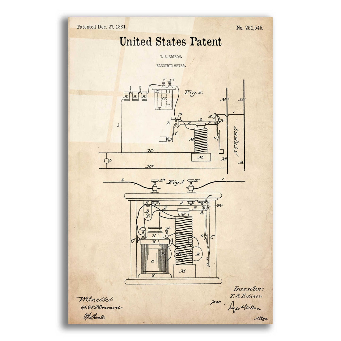 Epic Art 'Edison Electric Meter Blueprint Patent Parchment,' Acrylic Glass Wall Art,12x16x1.1x0,18x26x1.1x0,26x34x1.74x0,40x54x1.74x0