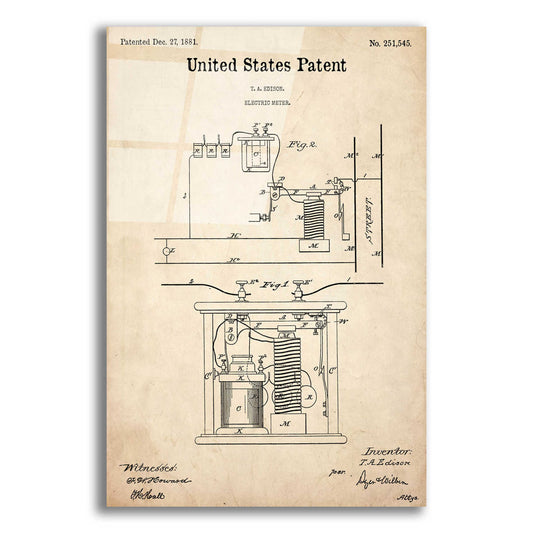 Epic Art 'Edison Electric Meter Blueprint Patent Parchment,' Acrylic Glass Wall Art,12x16x1.1x0,18x26x1.1x0,26x34x1.74x0,40x54x1.74x0