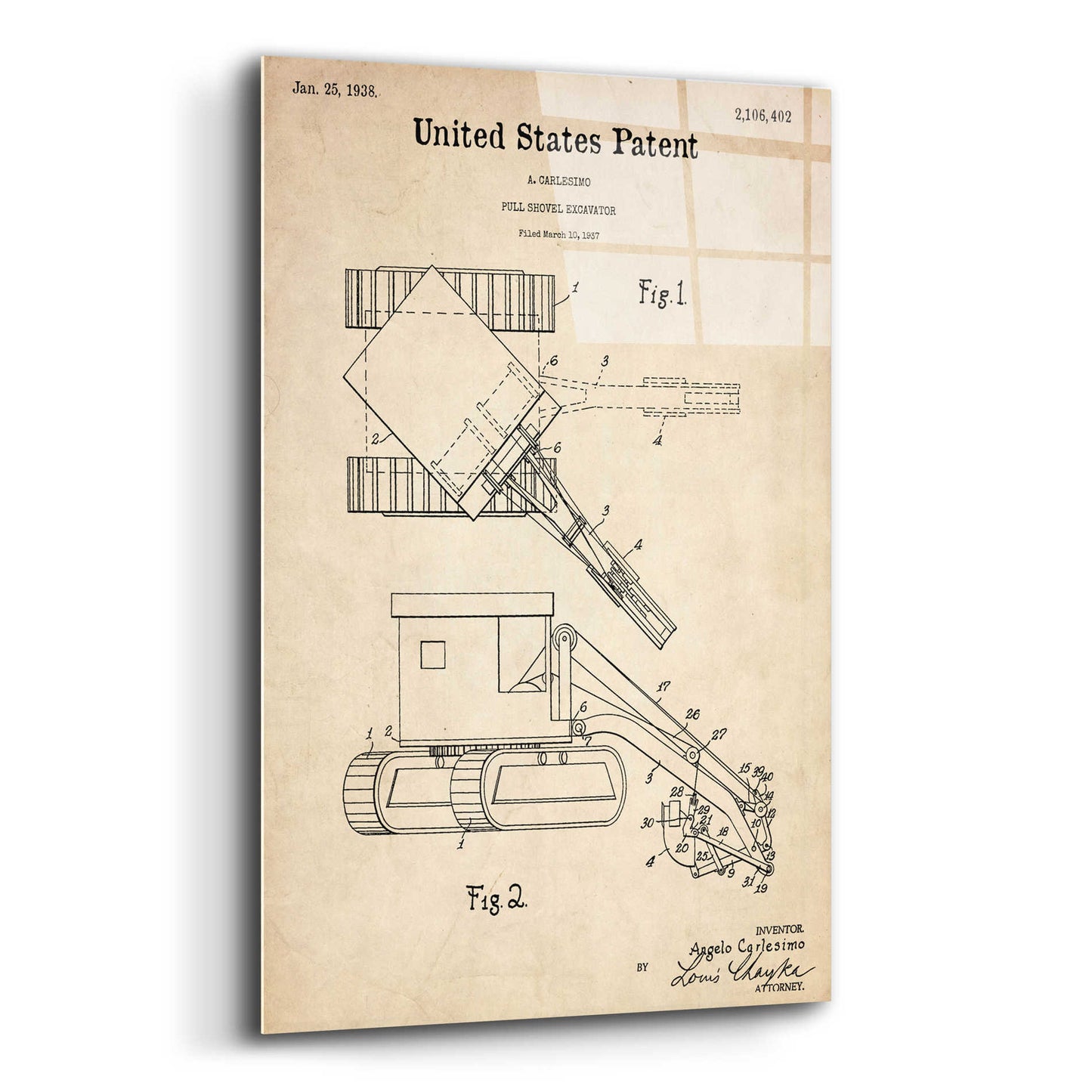 Epic Art 'Pull Shovel Excavator Blueprint Patent Parchment,' Acrylic Glass Wall Art,12x16