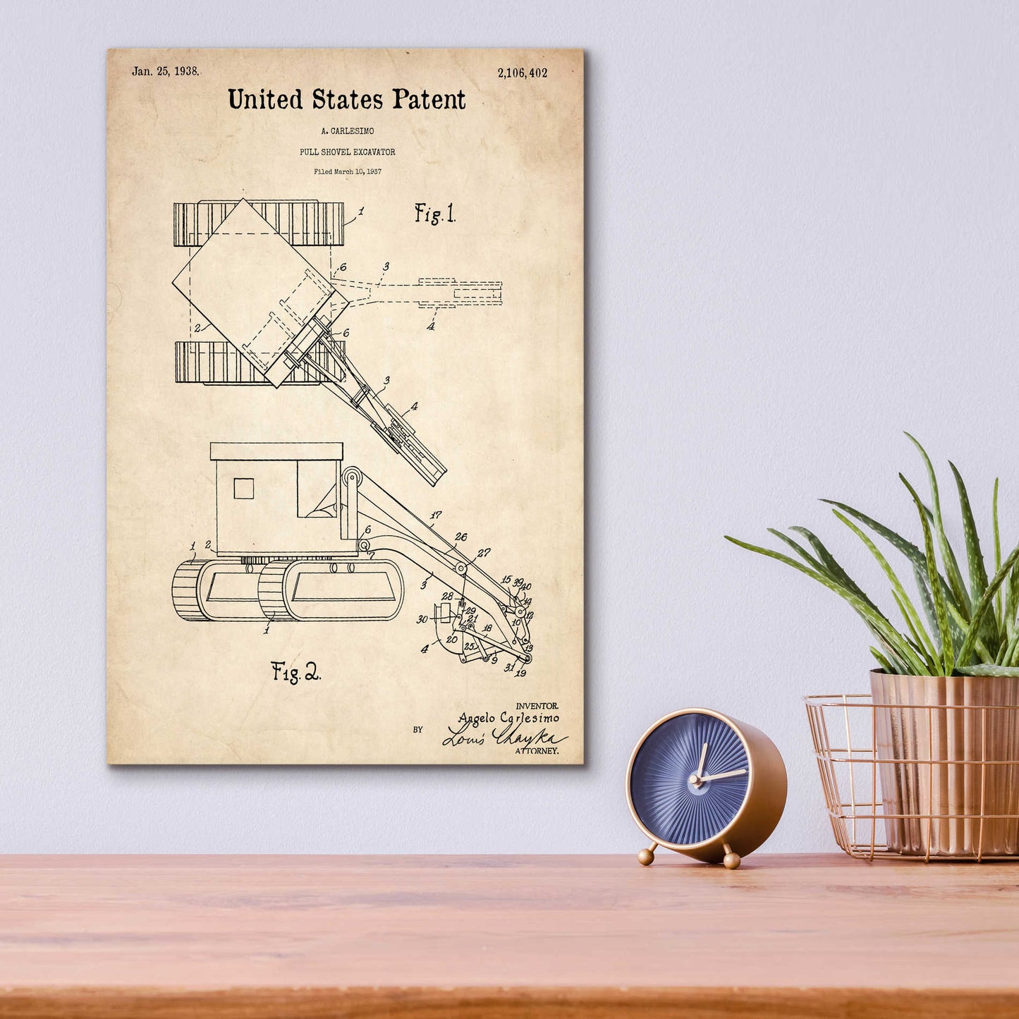 Epic Art 'Pull Shovel Excavator Blueprint Patent Parchment,' Acrylic Glass Wall Art,12x16