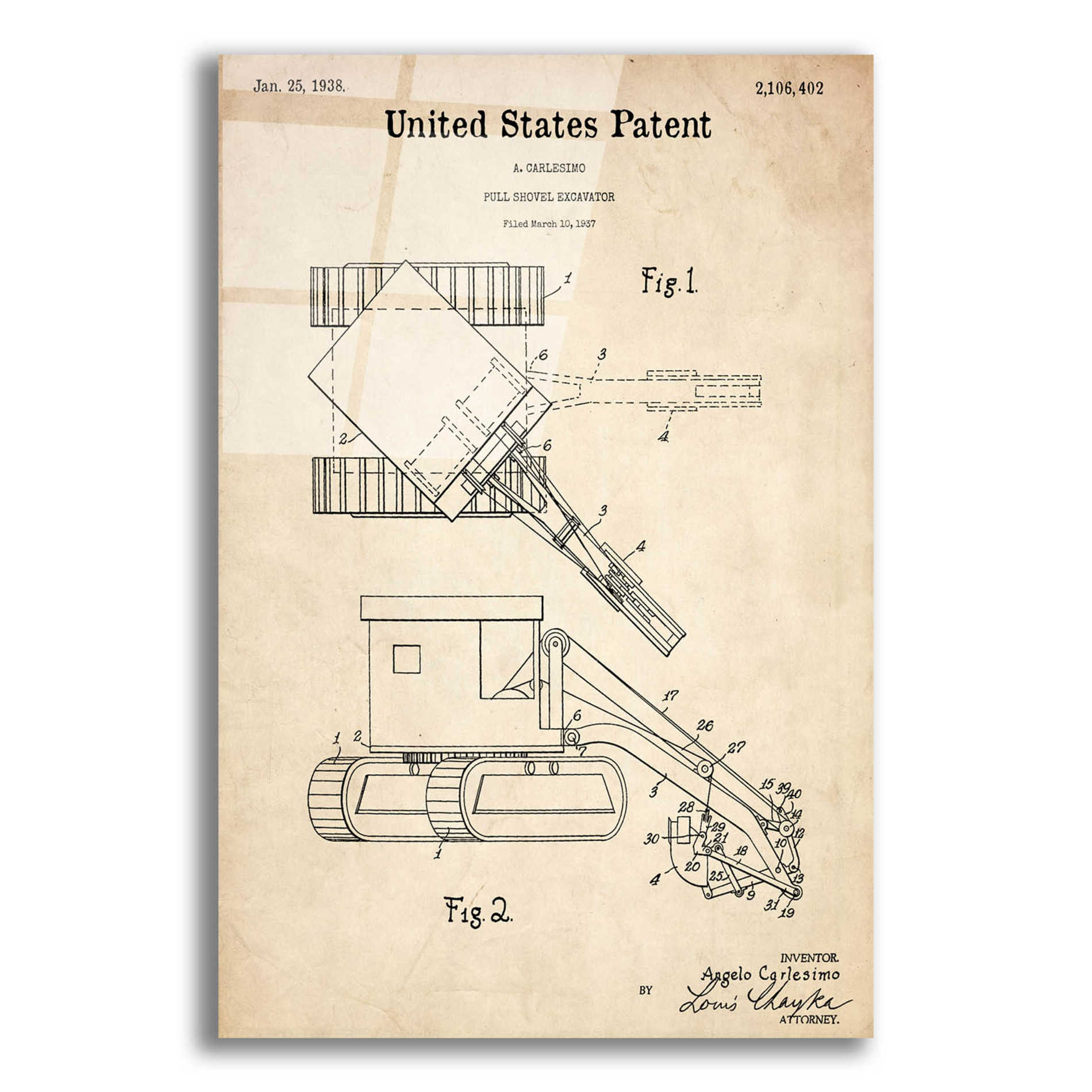 Epic Art 'Pull Shovel Excavator Blueprint Patent Parchment,' Acrylic Glass Wall Art,12x16