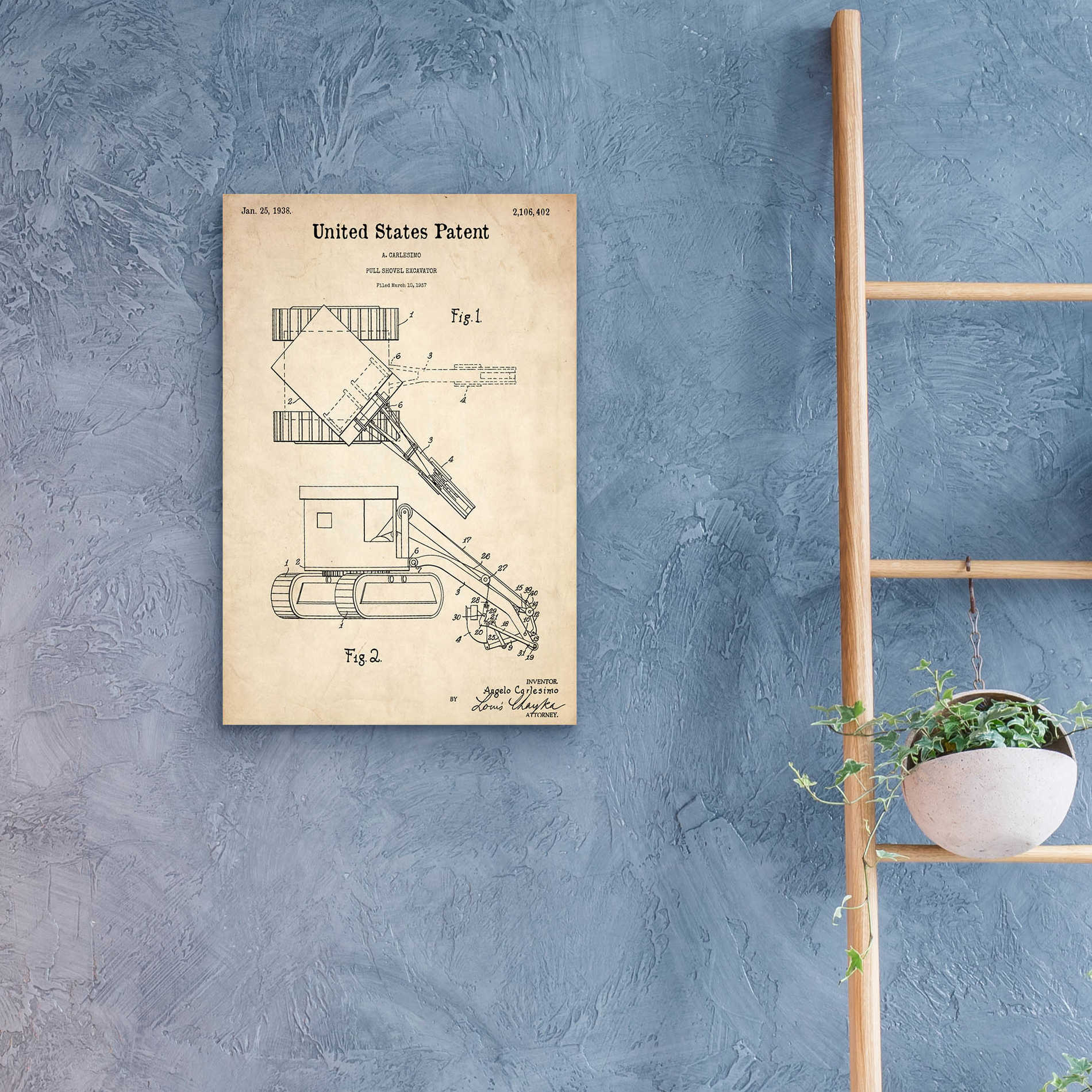 Epic Art 'Pull Shovel Excavator Blueprint Patent Parchment,' Acrylic Glass Wall Art,16x24