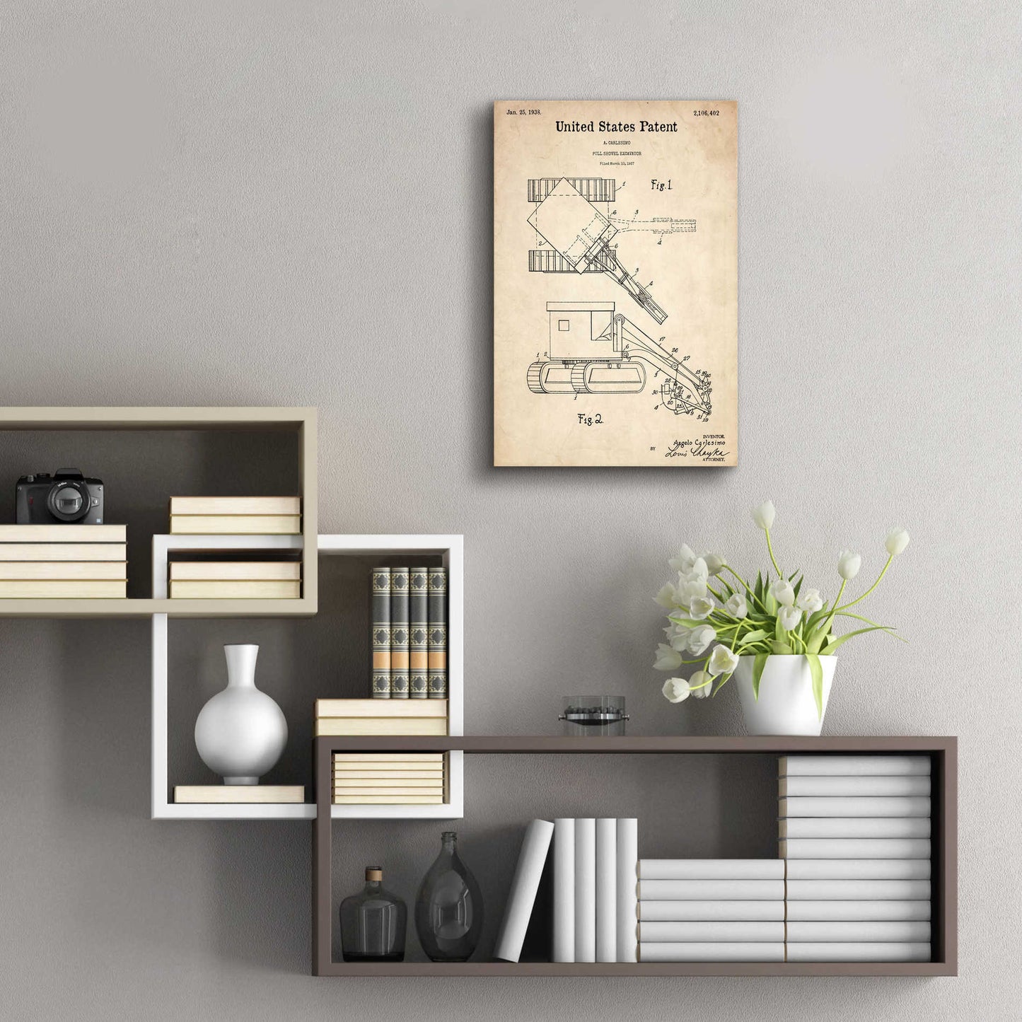 Epic Art 'Pull Shovel Excavator Blueprint Patent Parchment,' Acrylic Glass Wall Art,16x24