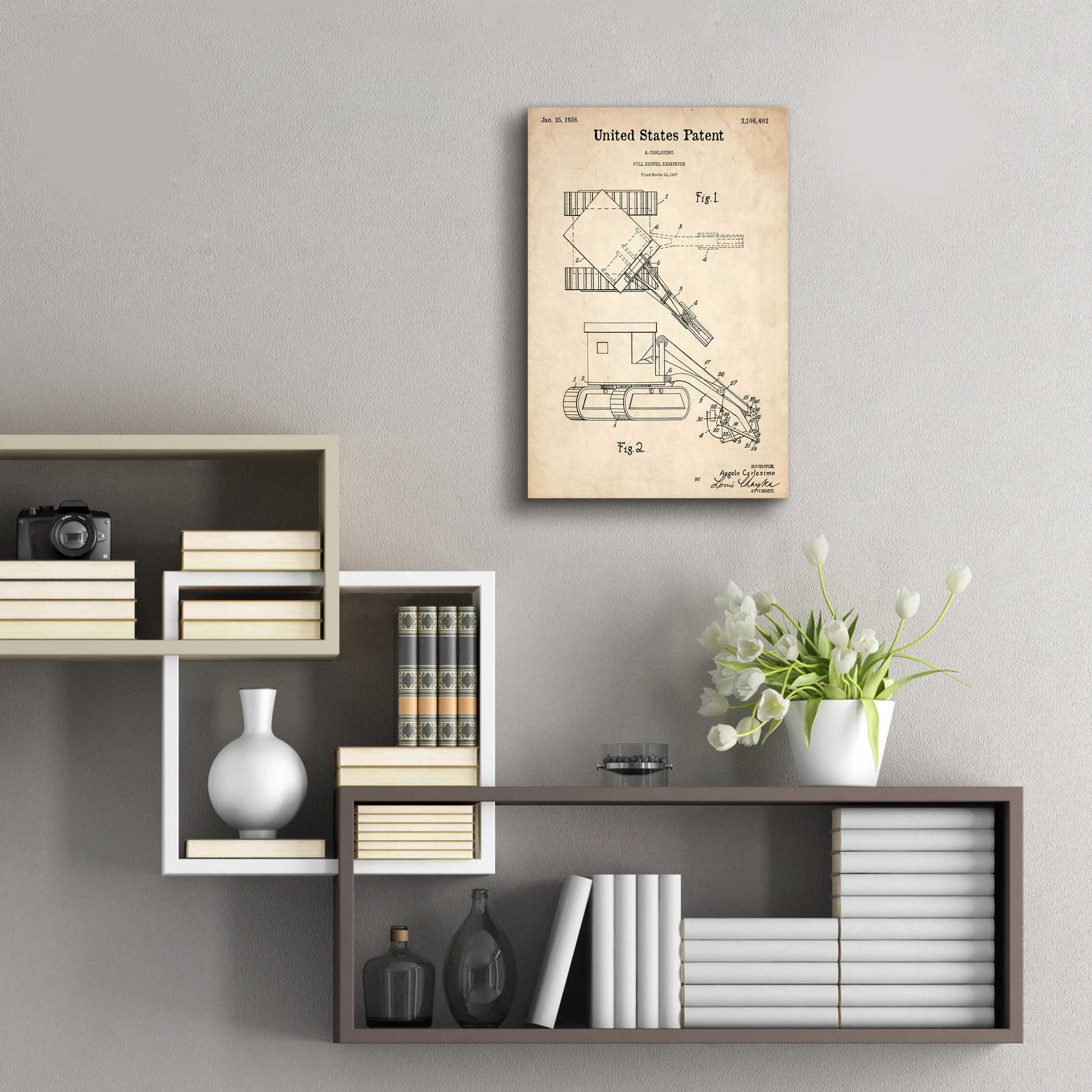 Epic Art 'Pull Shovel Excavator Blueprint Patent Parchment,' Acrylic Glass Wall Art,16x24