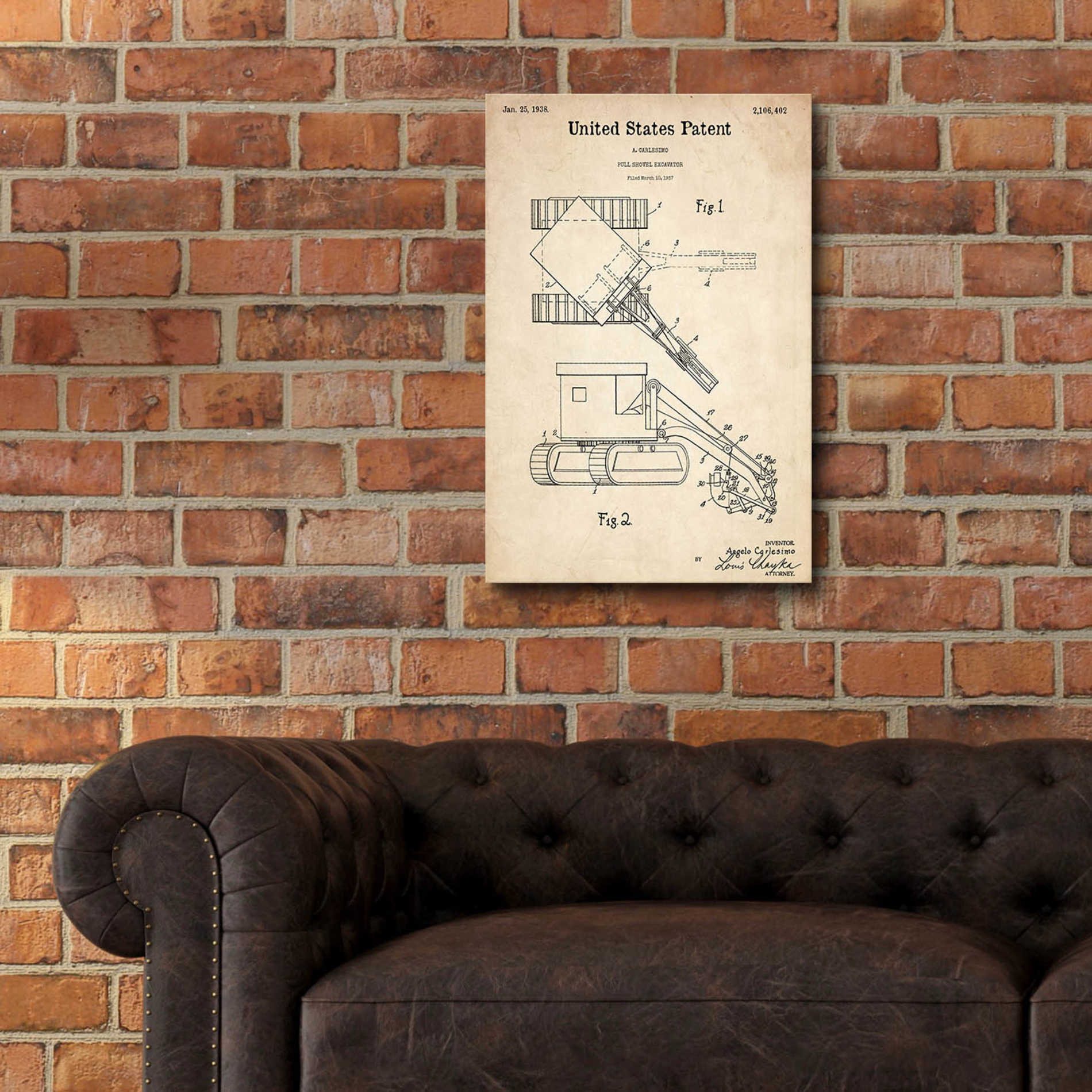 Epic Art 'Pull Shovel Excavator Blueprint Patent Parchment,' Acrylic Glass Wall Art,16x24