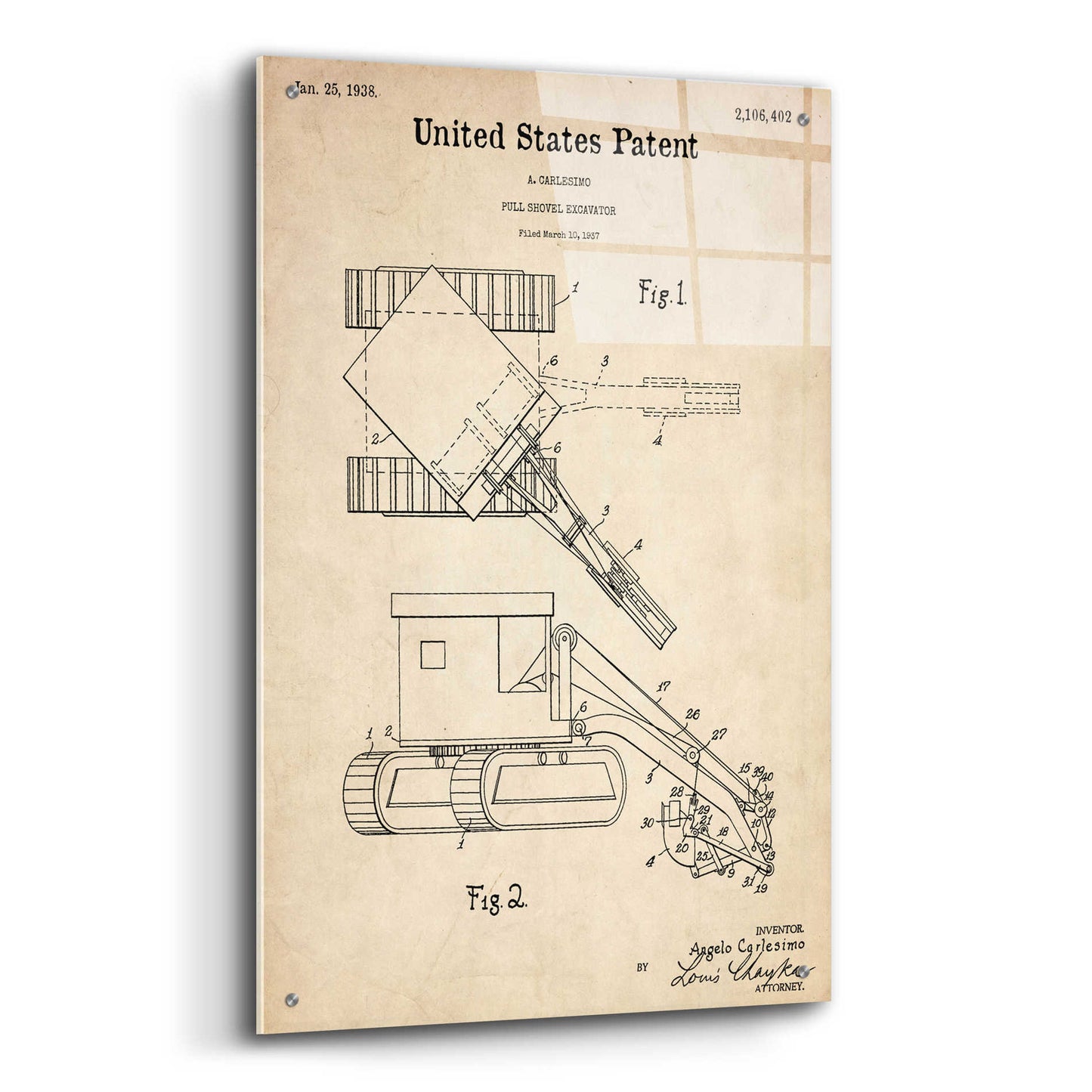 Epic Art 'Pull Shovel Excavator Blueprint Patent Parchment,' Acrylic Glass Wall Art,24x36