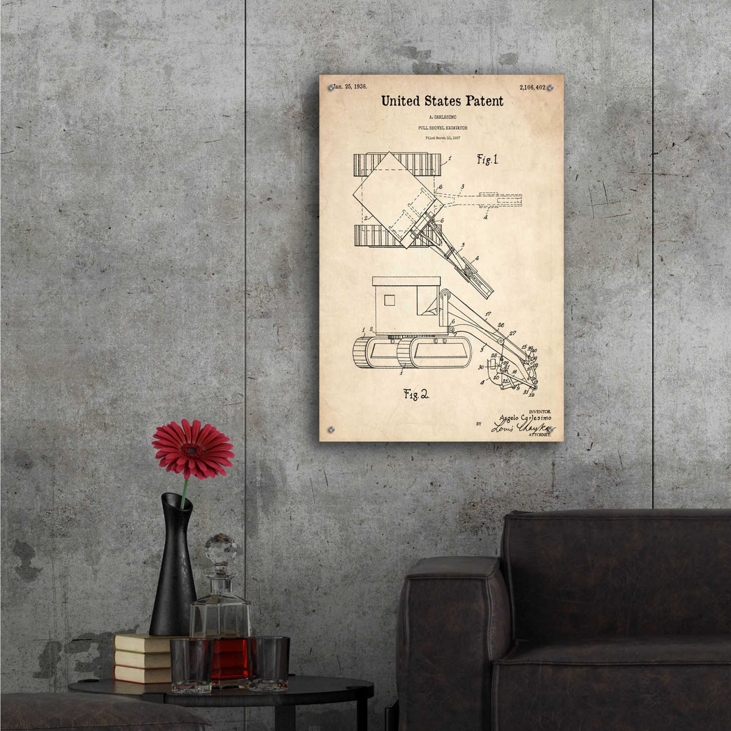 Epic Art 'Pull Shovel Excavator Blueprint Patent Parchment,' Acrylic Glass Wall Art,24x36