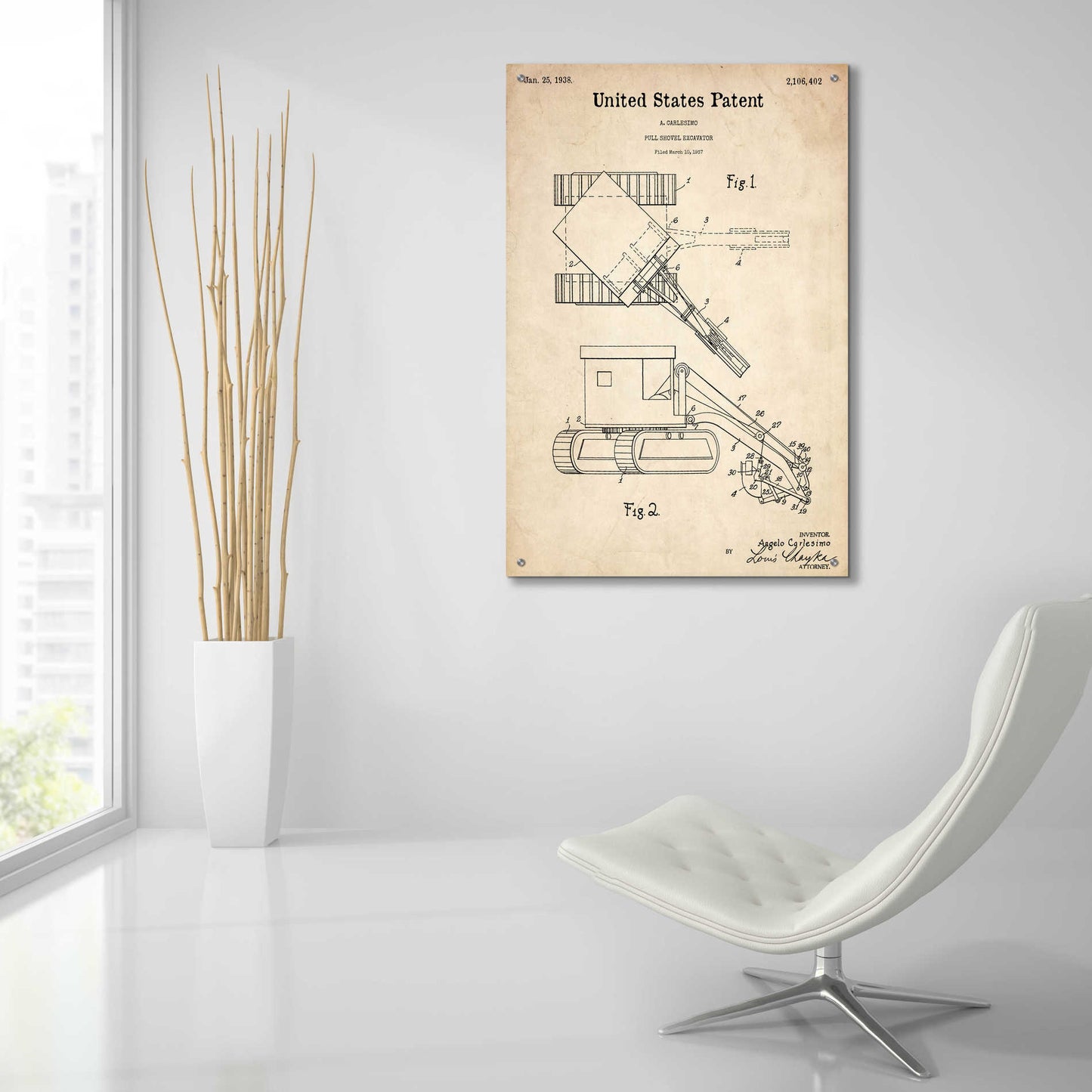 Epic Art 'Pull Shovel Excavator Blueprint Patent Parchment,' Acrylic Glass Wall Art,24x36