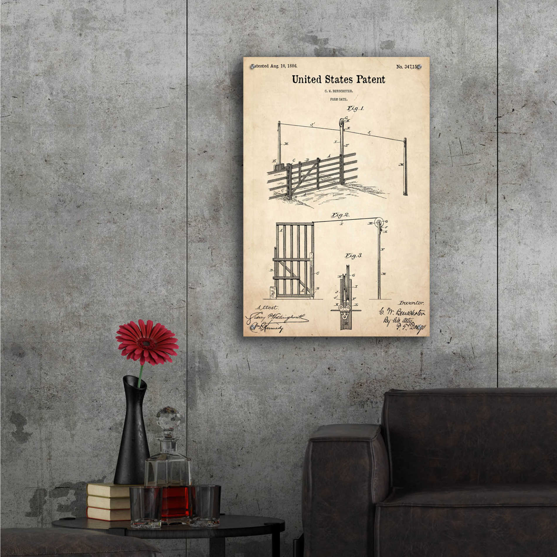 Epic Art 'Farm Gate Blueprint Patent Parchment,' Acrylic Glass Wall Art,24x36