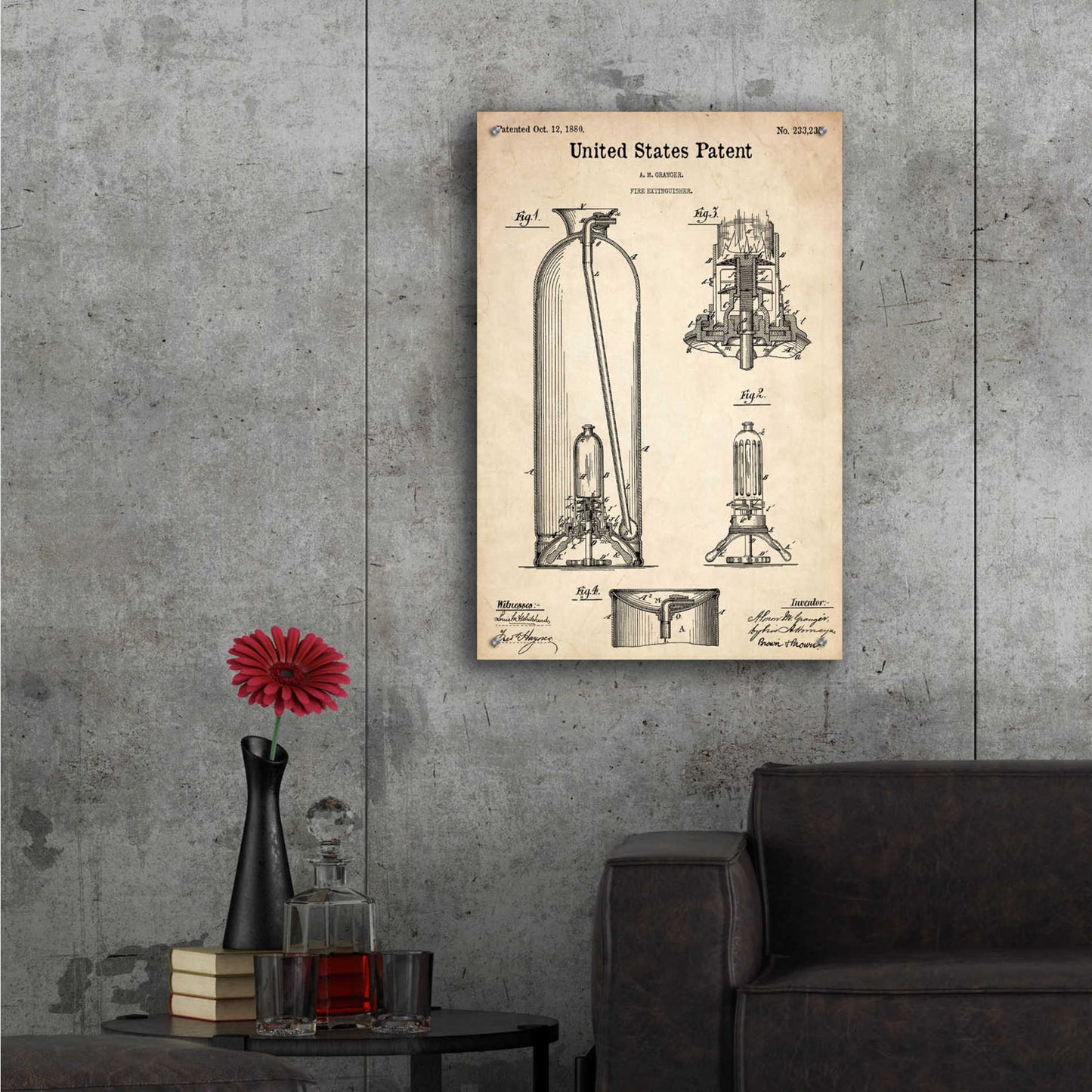 Epic Art 'Fire Extinguisher Blueprint Patent Parchment,' Acrylic Glass Wall Art,24x36