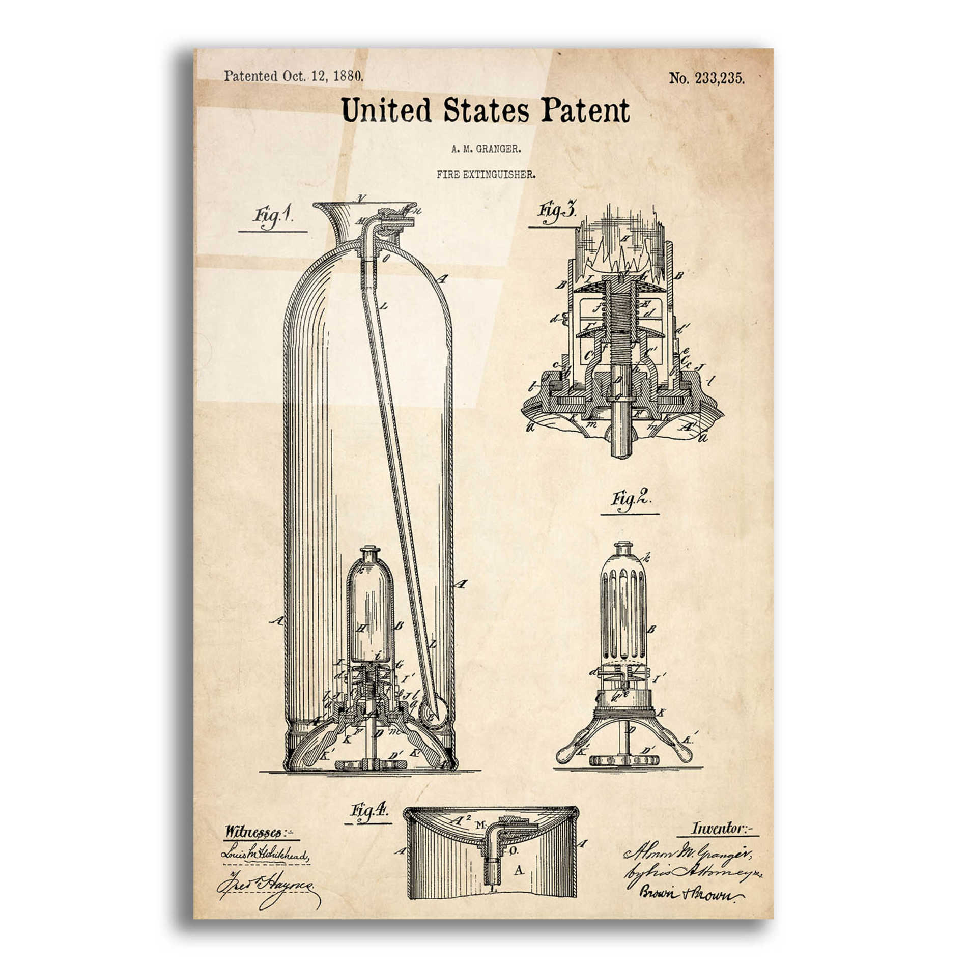 Epic Art 'Fire Extinguisher Blueprint Patent Parchment,' Acrylic Glass Wall Art,12x16x1.1x0,18x26x1.1x0,26x34x1.74x0,40x54x1.74x0