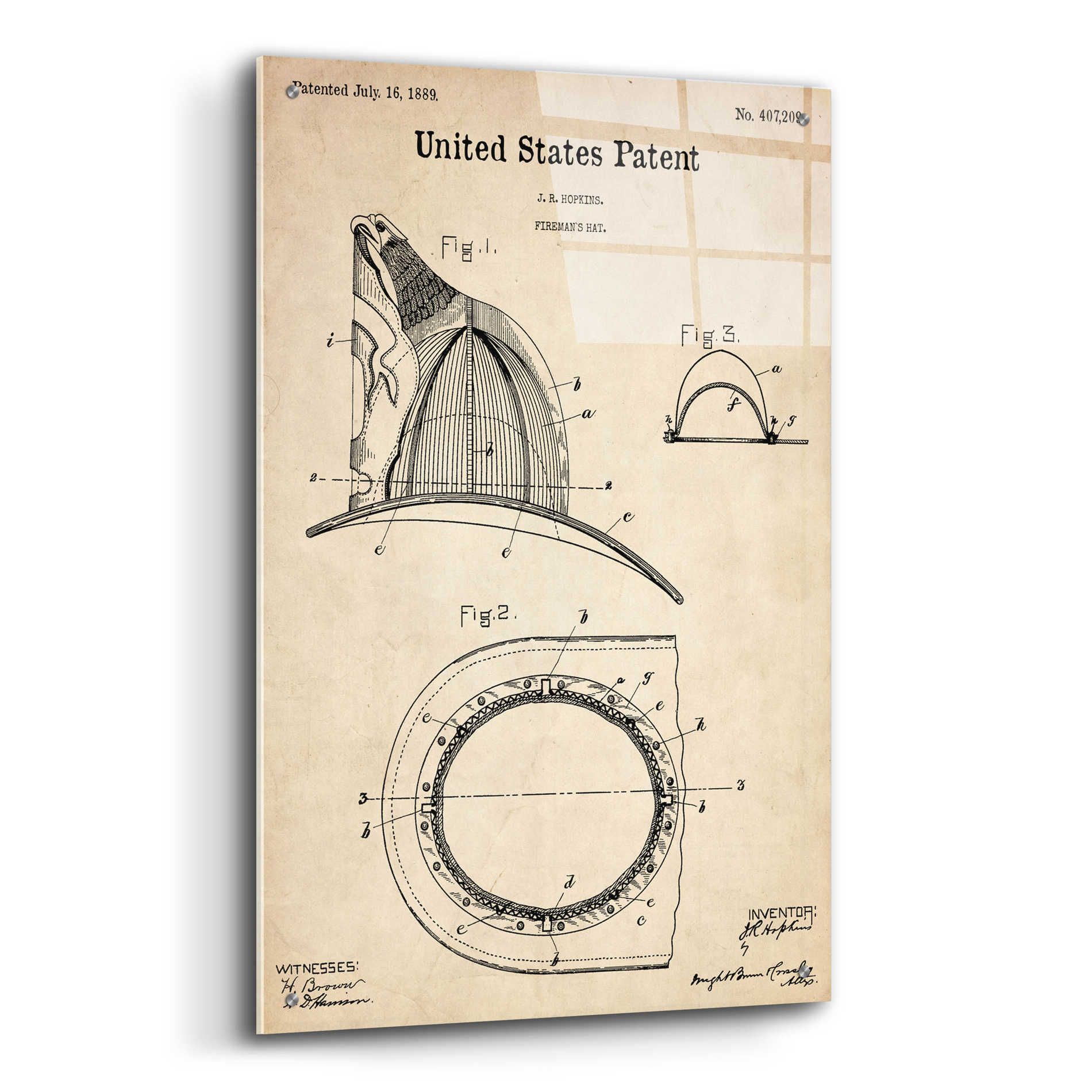 Epic Art 'Fireman's Hat Blueprint Patent Parchment,' Acrylic Glass Wall Art,24x36