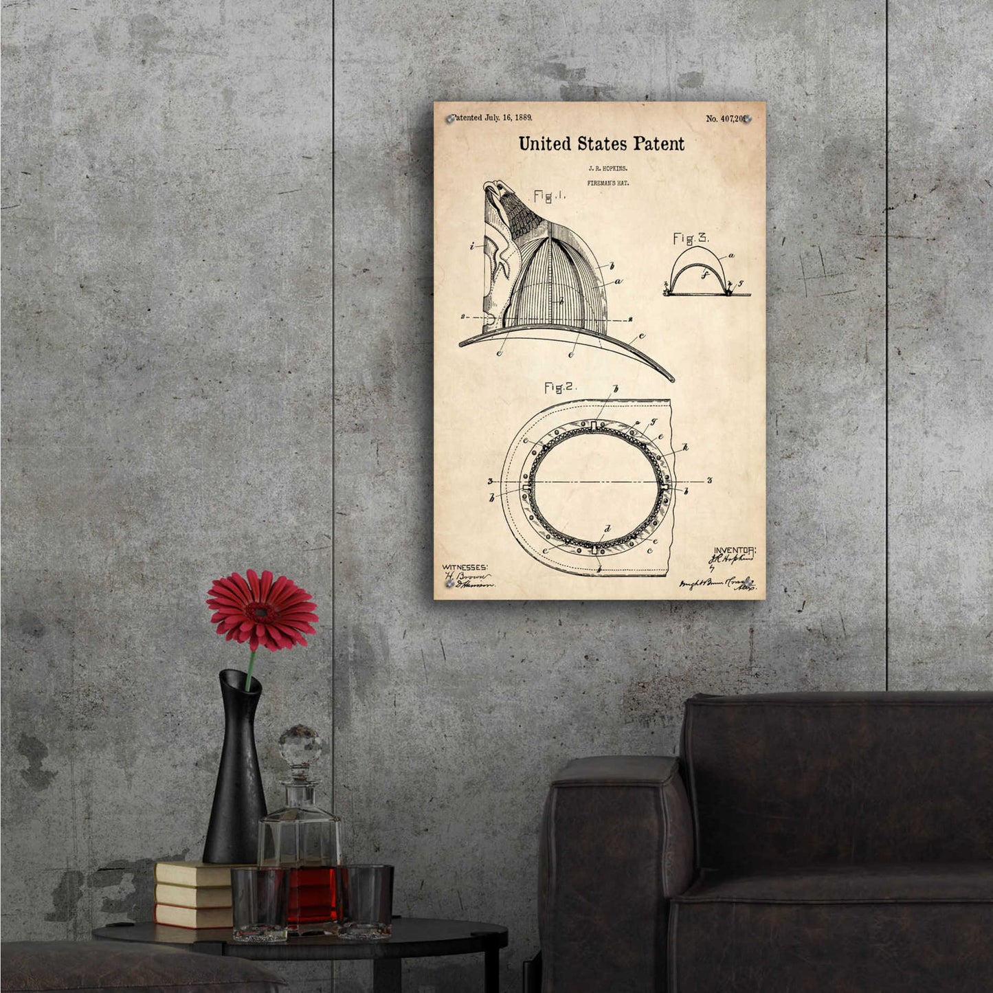 Epic Art 'Fireman's Hat Blueprint Patent Parchment,' Acrylic Glass Wall Art,24x36