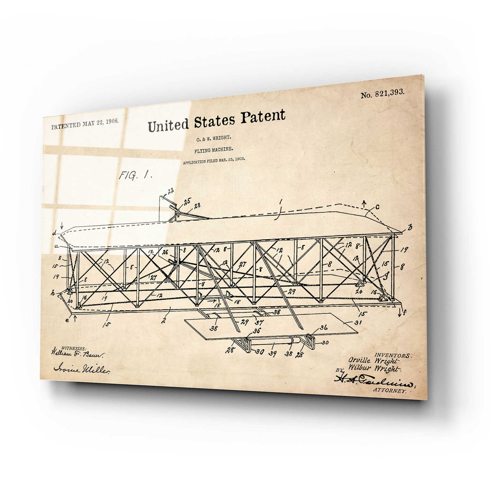 Epic Art 'Wright Bros. Flying Machine Blueprint Patent Parchment' Acrylic Glass Wall Art,24x16