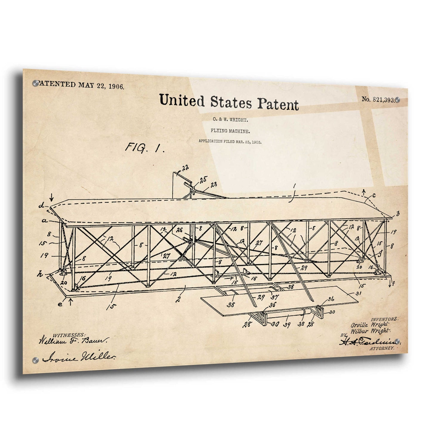 Epic Art 'Wright Bros. Flying Machine Blueprint Patent Parchment' Acrylic Glass Wall Art,36x24