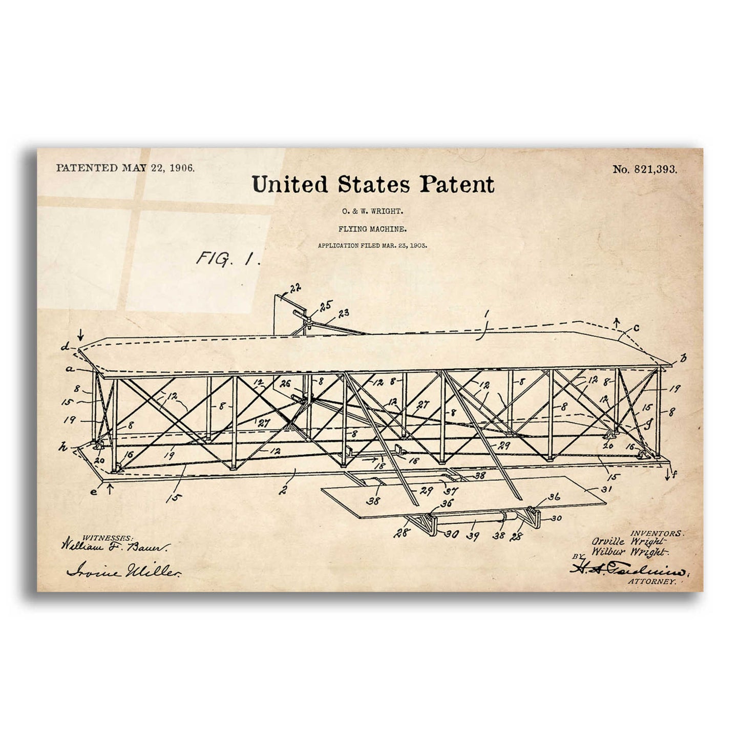Epic Art 'Wright Bros. Flying Machine Blueprint Patent Parchment' Acrylic Glass Wall Art