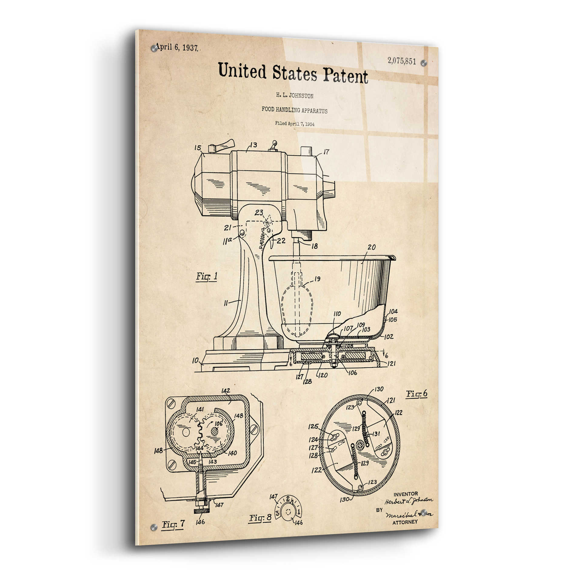 Epic Art 'Kitchen Mixer Blueprint Patent Parchment,' Acrylic Glass Wall Art,24x36