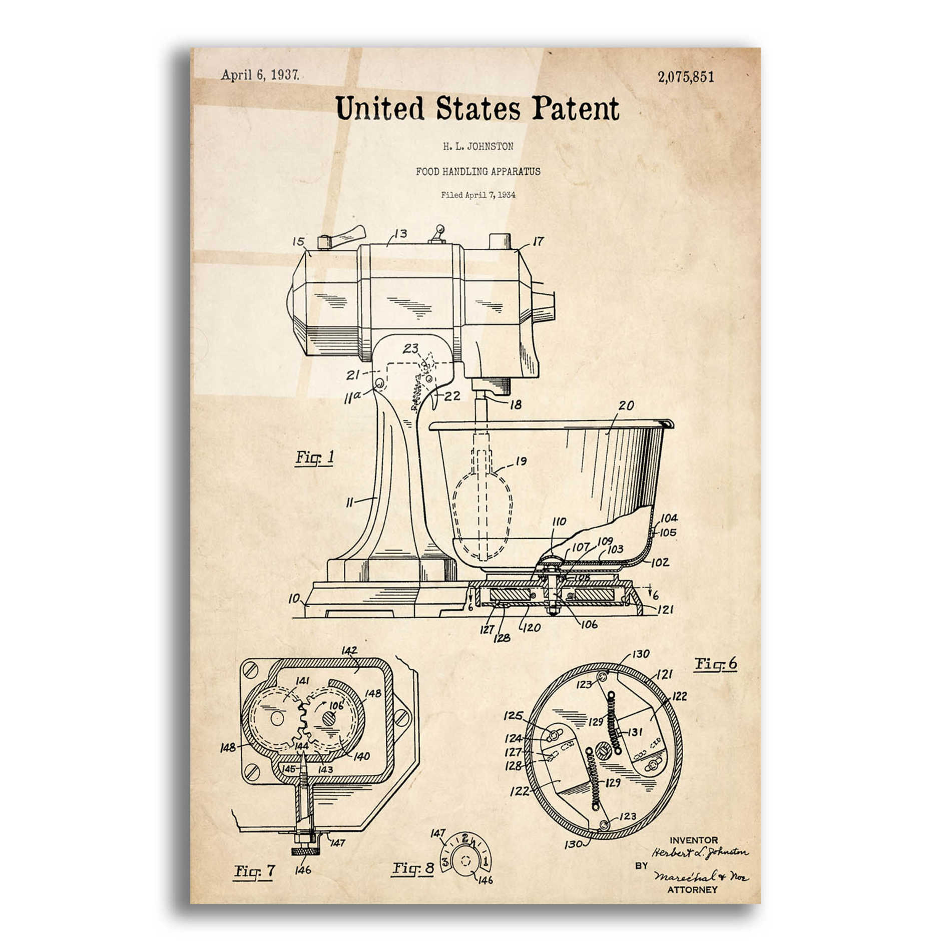 Epic Art 'Kitchen Mixer Blueprint Patent Parchment,' Acrylic Glass Wall Art,12x16x1.1x0,18x26x1.1x0,26x34x1.74x0,40x54x1.74x0