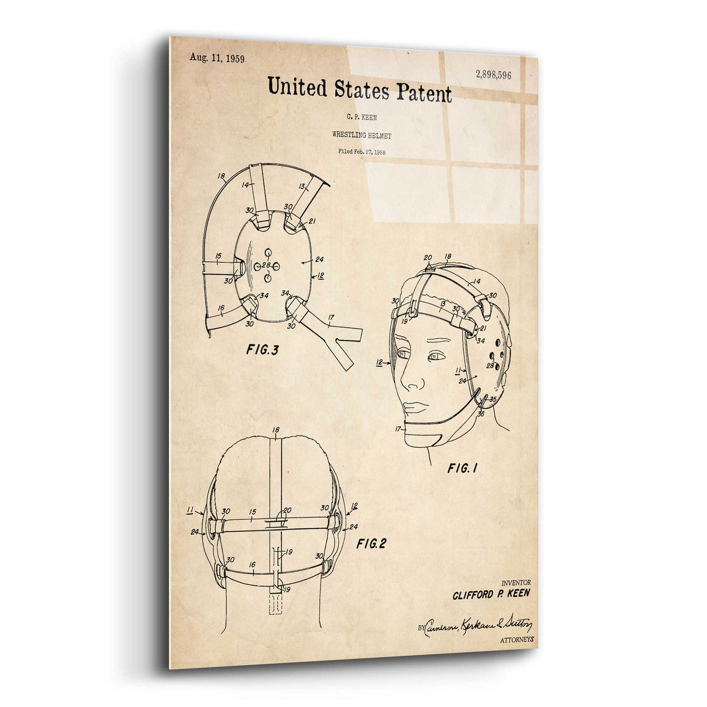 Epic Art 'Wrestling Headgear Blueprint Patent Parchment,' Acrylic Glass Wall Art,12x16