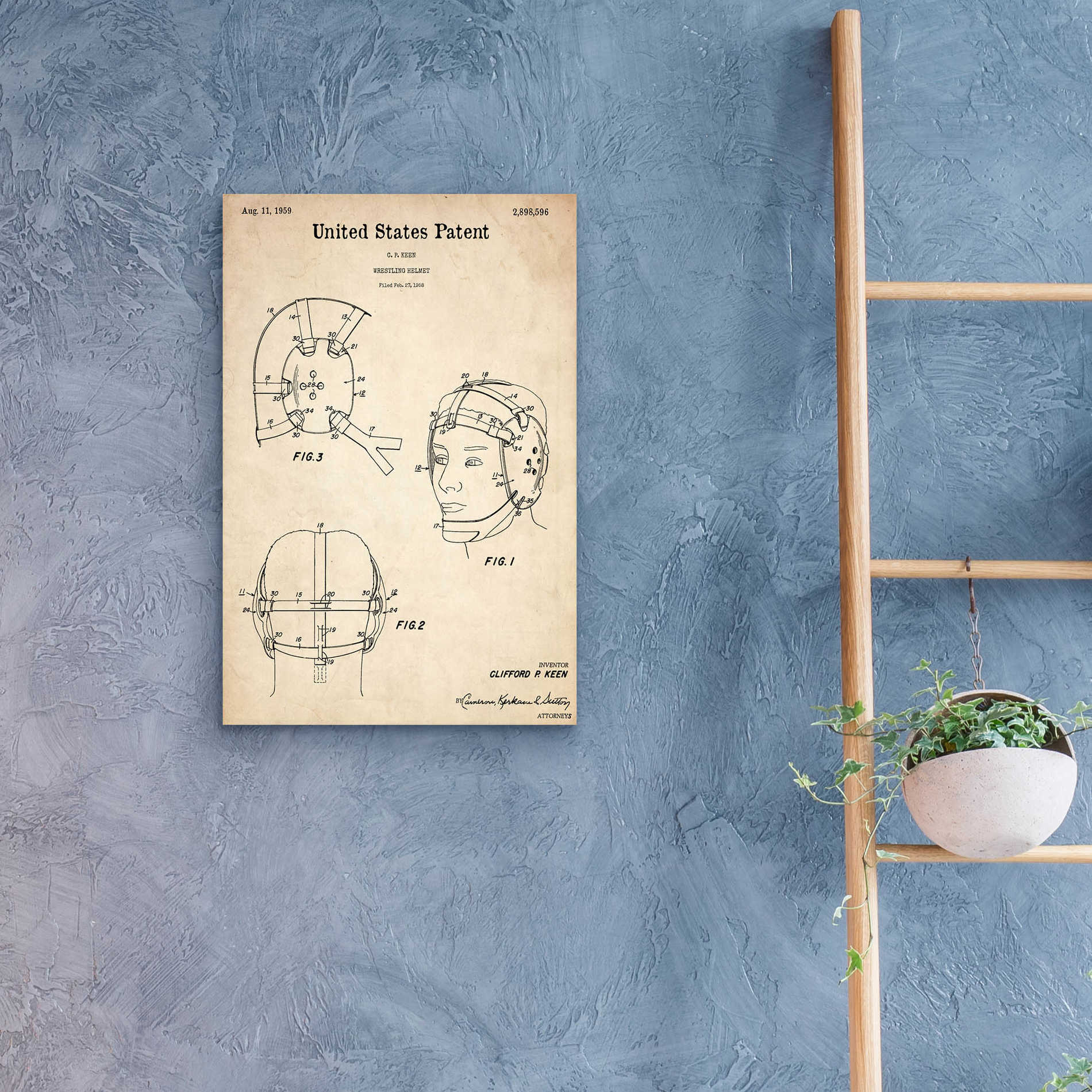 Epic Art 'Wrestling Headgear Blueprint Patent Parchment,' Acrylic Glass Wall Art,16x24